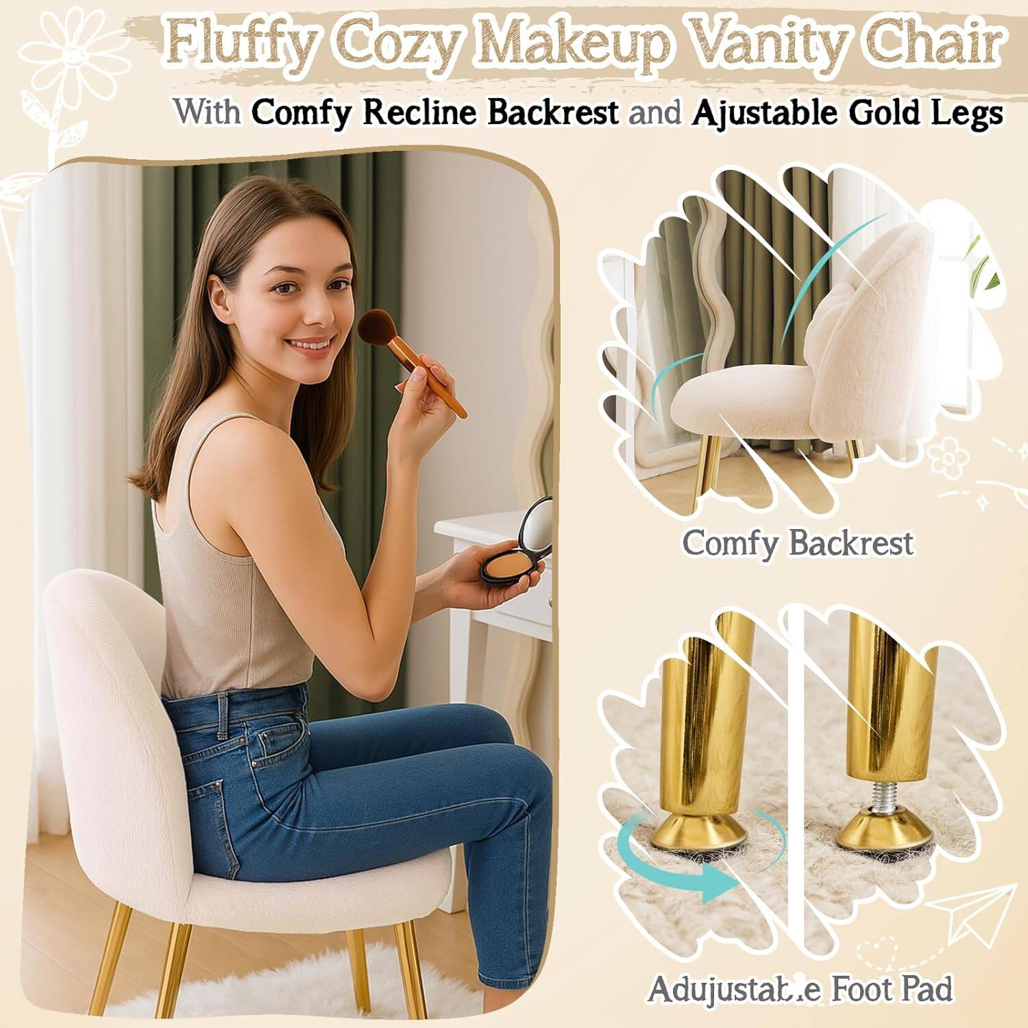 Fluffy Cozy Makeup Vanity Chair With Comfy Recline Backrest and Adjustable Gold Legs Comfy Backrest Adjustable Foot Pad