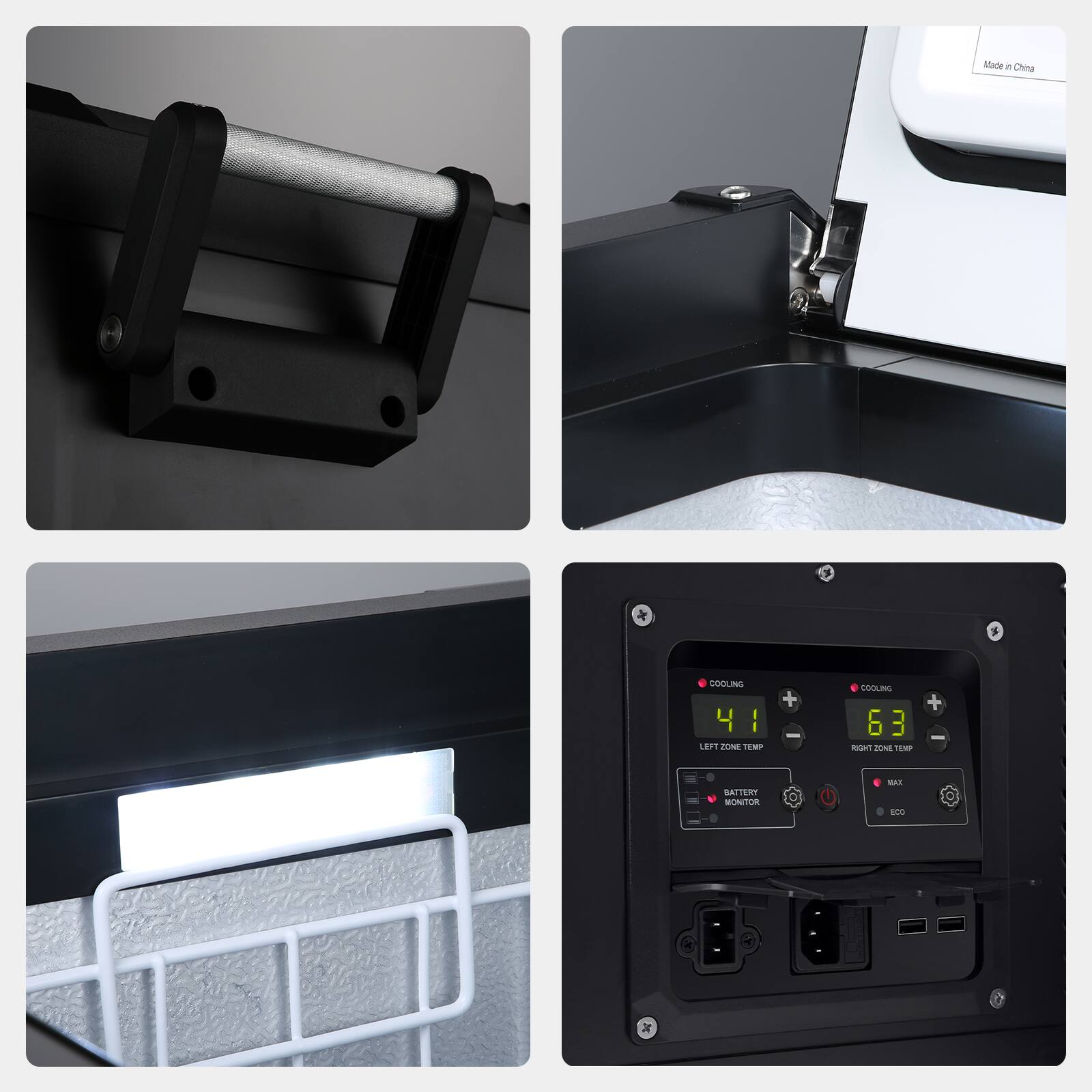 Made a Chira COOLING  
4 1 LET1 Zim T COOUC 6 3 ROAT Z TEMP + - BACTERY CONITR MAX ECO

---

**Cooling**  
LEFT ZONE TEMP: 41  
RIGHT ZONE TEMP: 63  

**Battery Monitor**  
MAX  
ECO  

Made in China