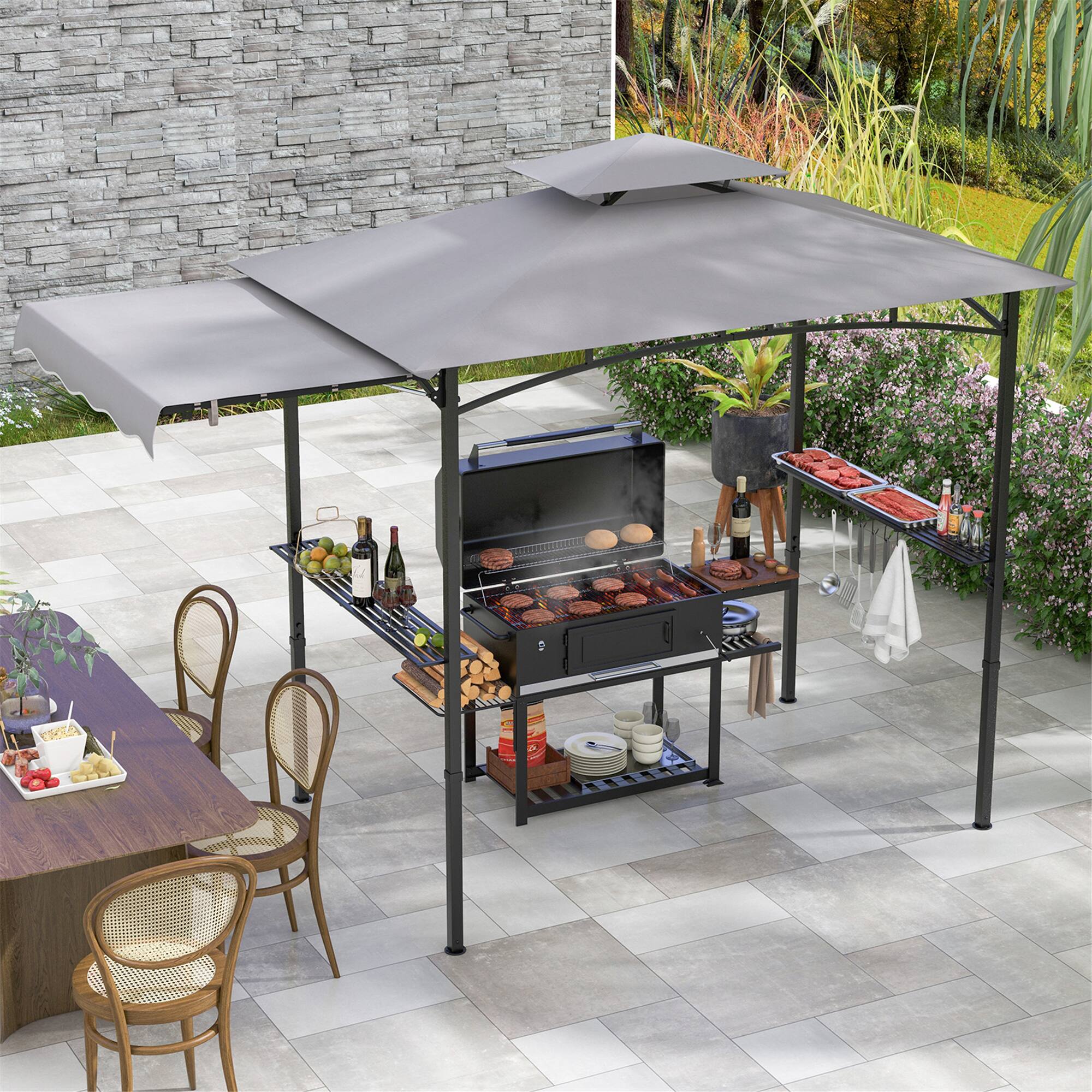 Alt View 1. Gymax - Gymax 11 x 5 FT Grill BBQ Gazebo w/ Side Awning Double-Tiered Top 2 Side Shelves - Grey, Black.