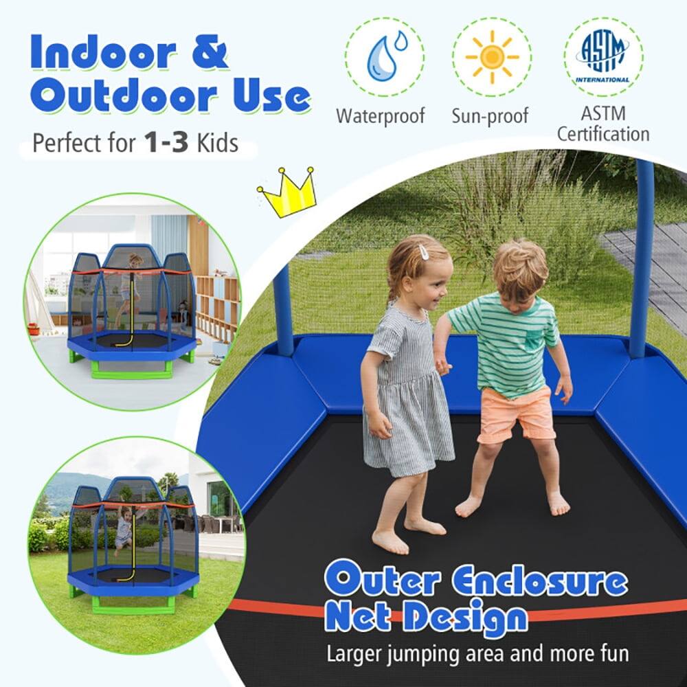 Indoor & Outdoor Use  
Perfect for 1-3 Kids  

Waterproof  
Sun-proof  
ASTM Certification  

Outer Enclosure Net Design  
Larger jumping area and more fun