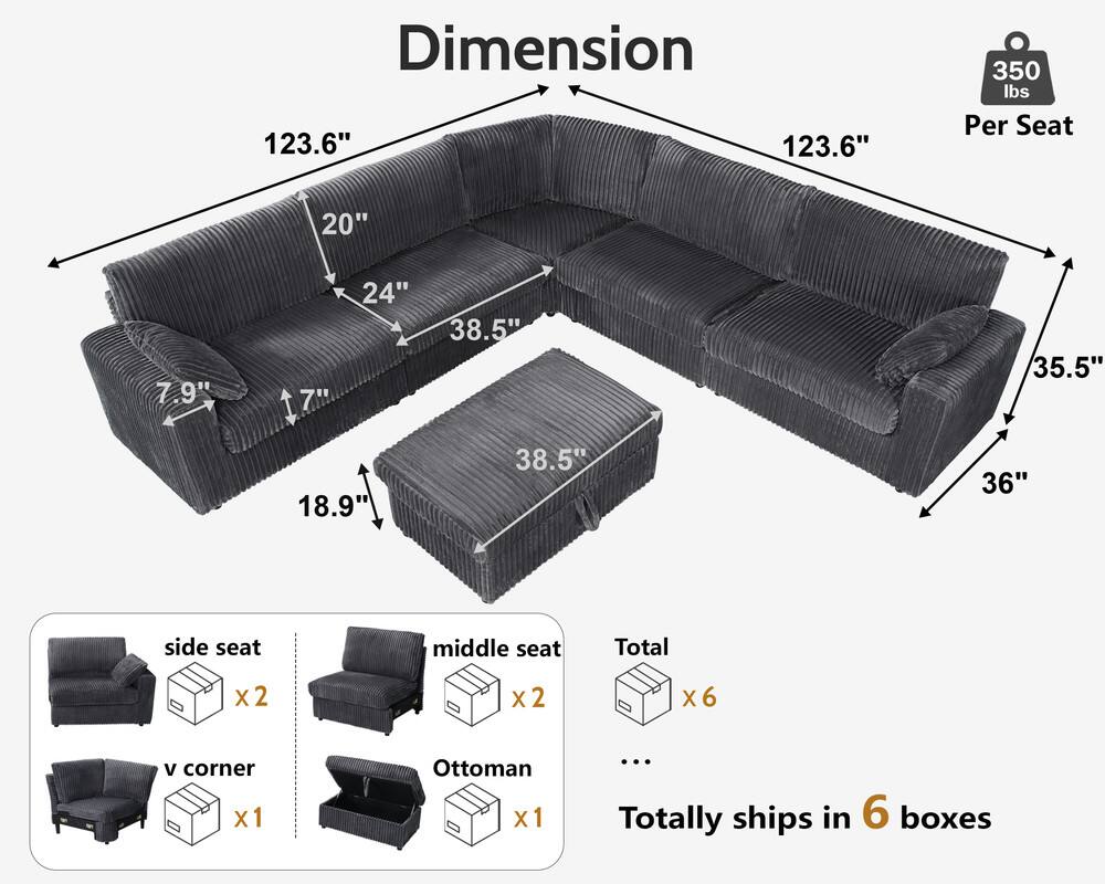 Dimension  
123.6"  
20"  
7.9"  
7"  
24"  
38.5"  
35.5"  
18.9"  
38.5"  
36"  
350 lbs Per Seat  

side seat x 2  
v corner x 1  
middle seat x 2  
Ottoman x 1  

Total x 6  
Totally ships in 6 boxes