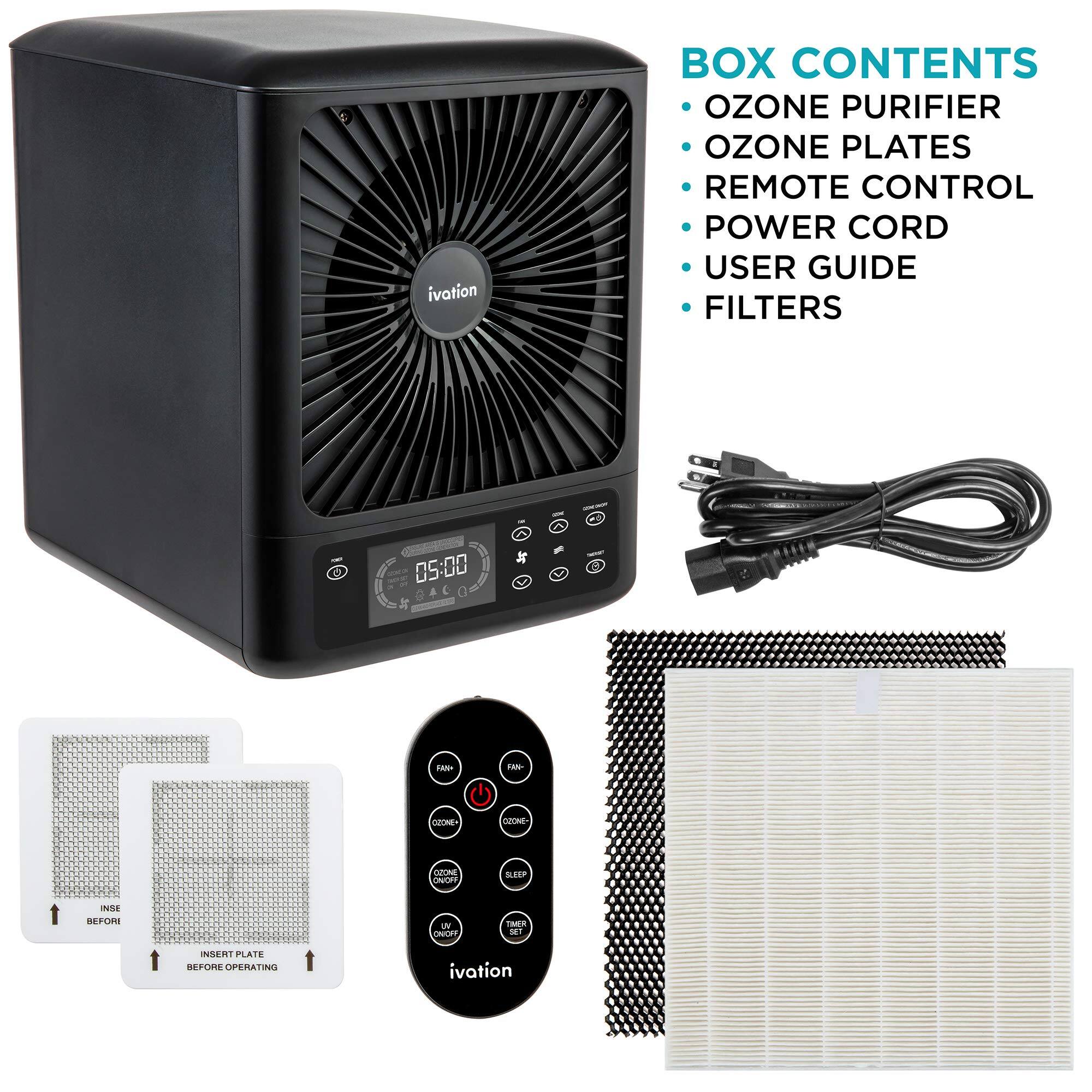 BOX CONTENTS  
- OZONE PURIFIER  
- OZONE PLATES  
- REMOTE CONTROL  
- POWER CORD  
- USER GUIDE  
- FILTERS  

INSERT PLATE BEFORE OPERATING