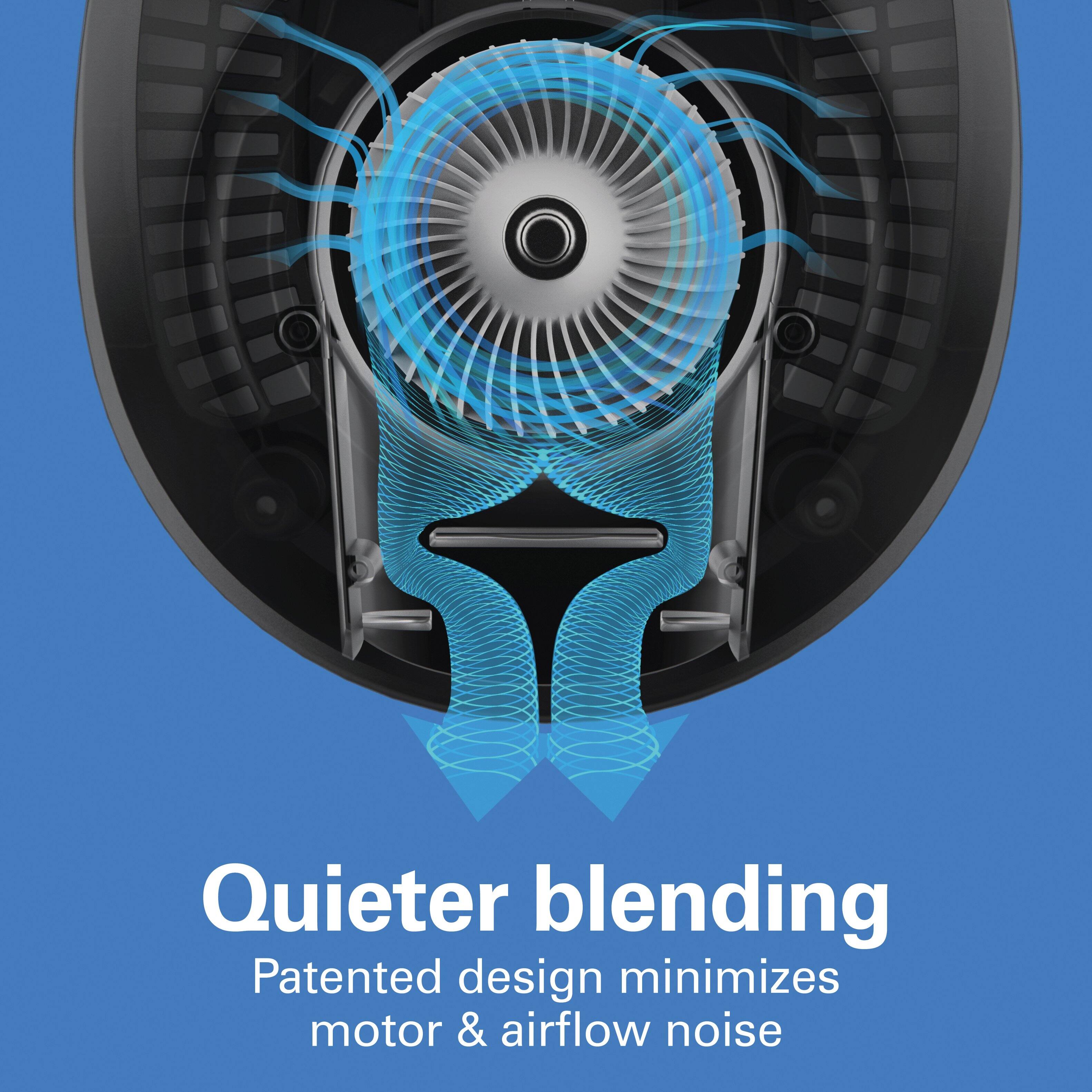 Quieter blending  
Patented design minimizes motor & airflow noise