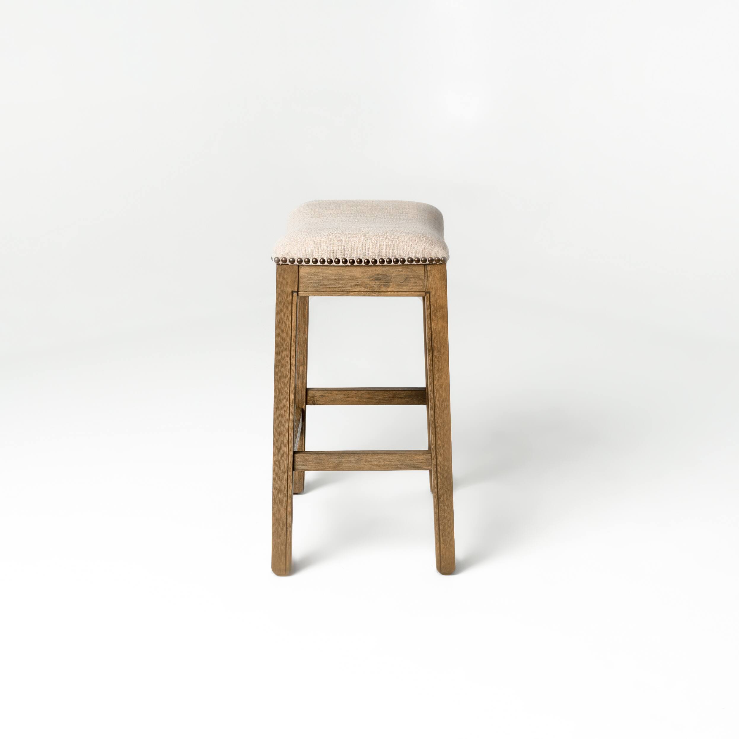 Left. Maven Lane - 26" Adrien Saddle Counter Stool In Natural Wood Finish With Fabric Upholstery - Natural Wood.