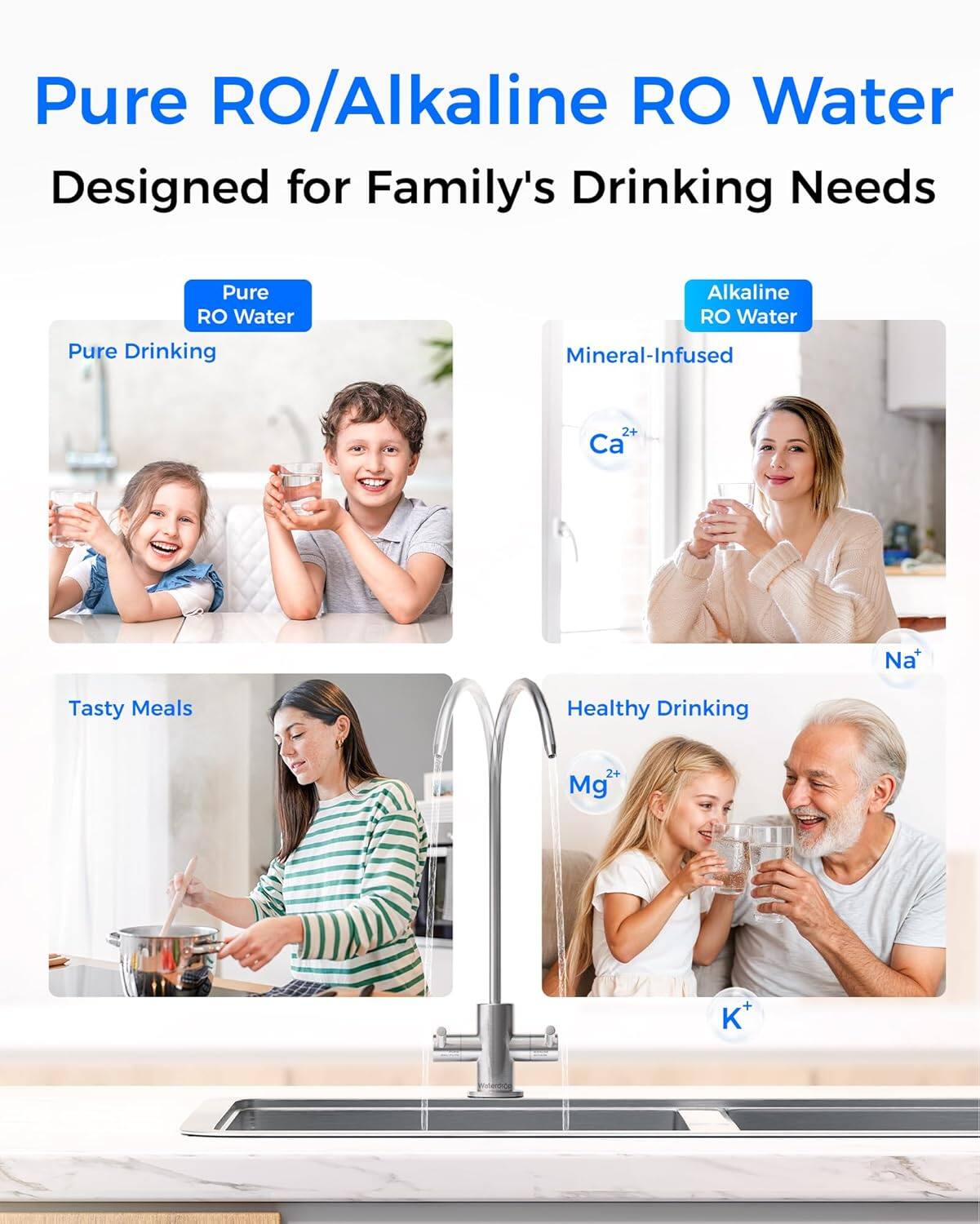 Pure RO/Alkaline RO Water  
Designed for Family's Drinking Needs  

Pure RO Water  
Pure Drinking  

Alkaline RO Water  
Mineral-Infused  

Tasty Meals  

Healthy Drinking  

Ca²⁺  
Na⁺  
Mg²⁺  
K⁺