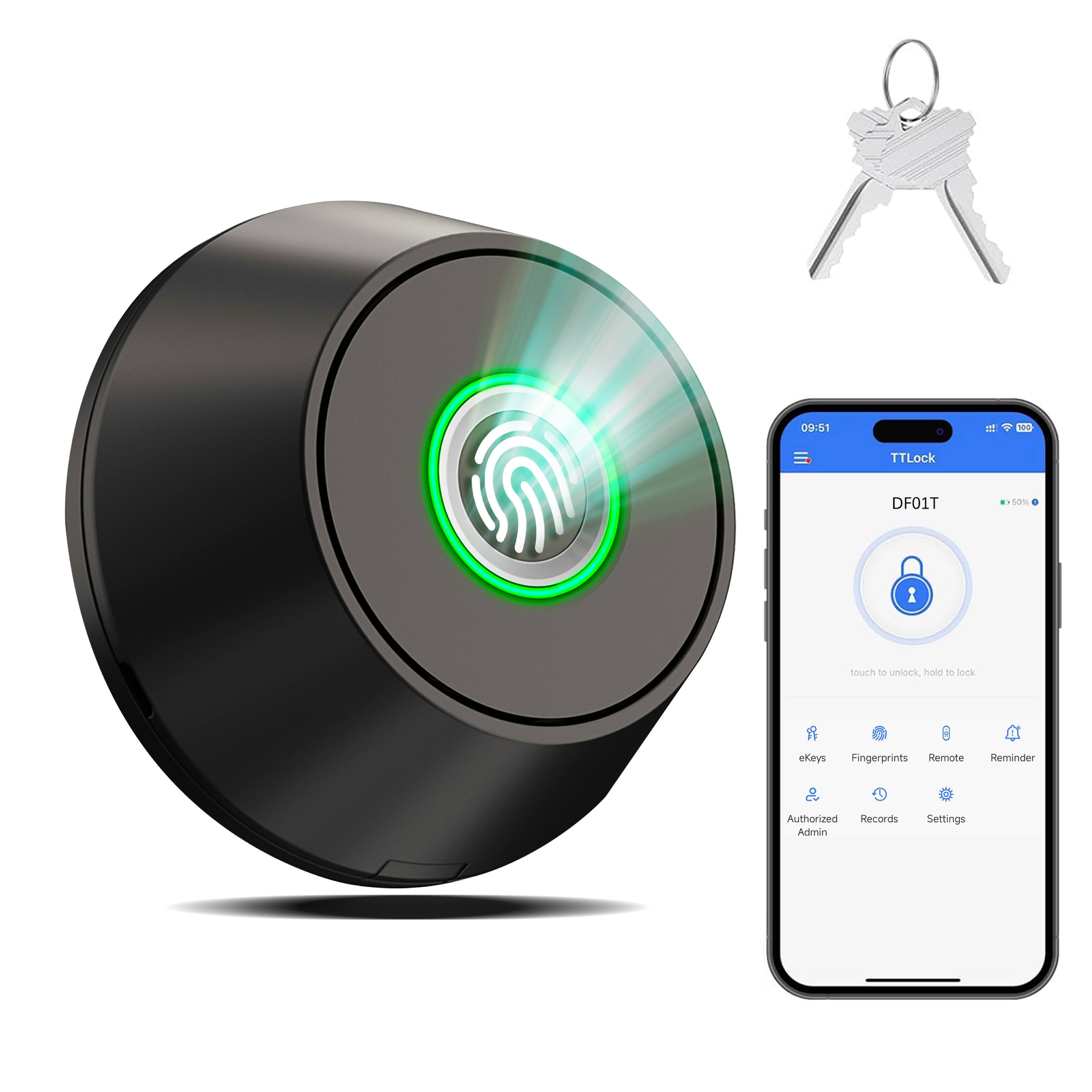 09:51
TTLock DF01T
touch to unlock, hold to lock
eKeys
Fingerprints
Remote
Reminder
Authorized
Records
Admin
Settings