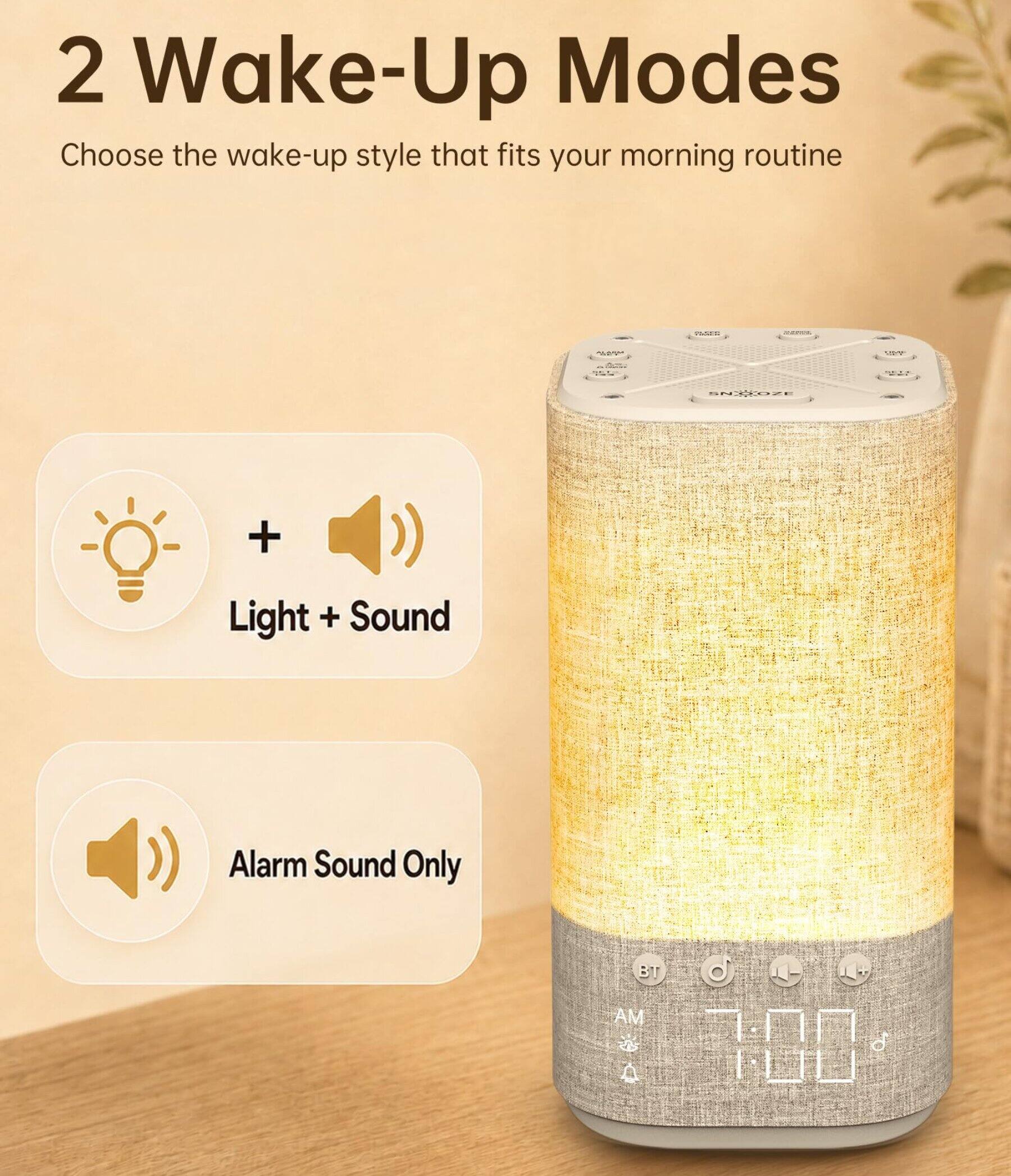 2 Wake-Up Modes  
Choose the wake-up style that fits your morning routine

- Light + Sound
- Alarm Sound Only