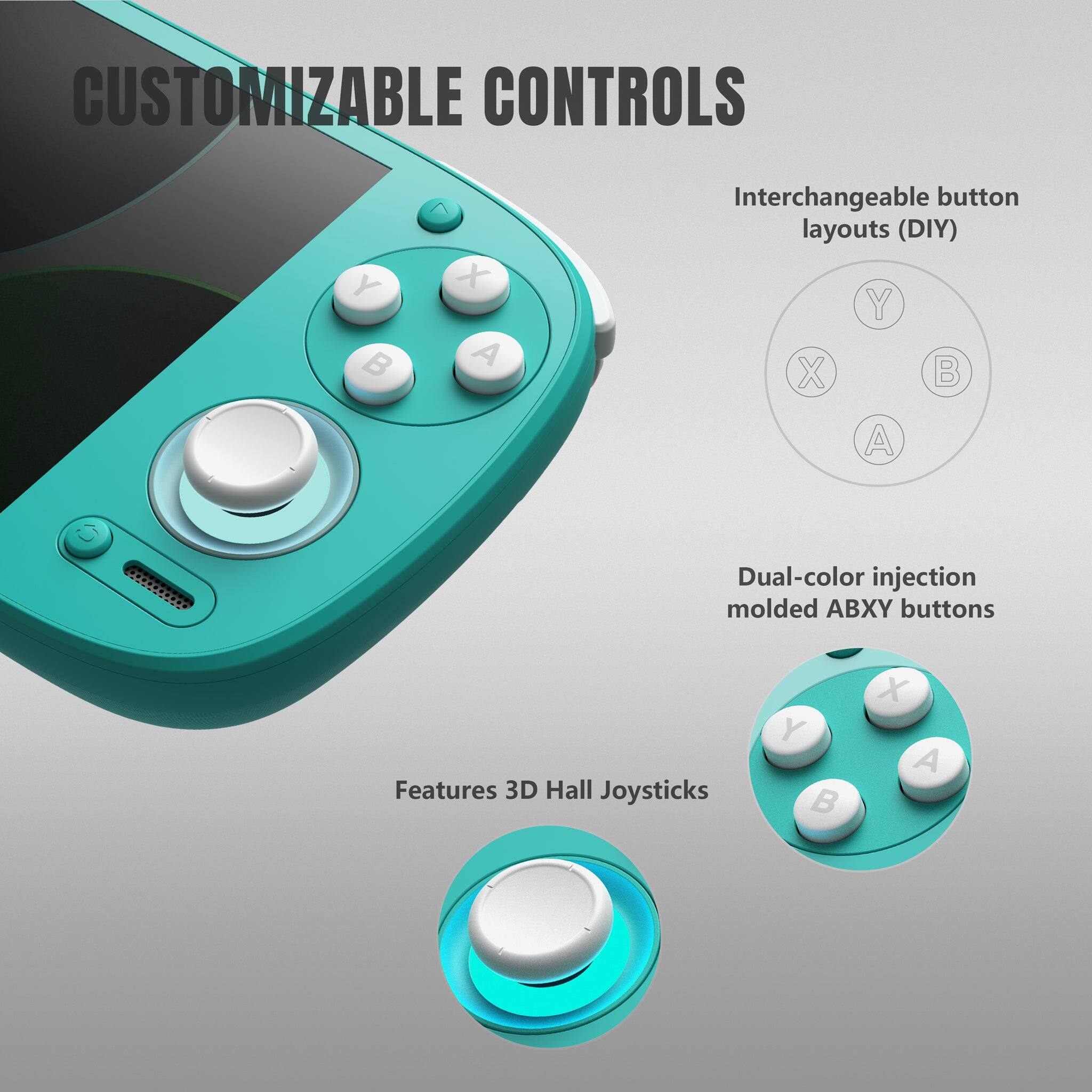 CUSTOMIZABLE CONTROLS

- Interchangeable button layouts (DIY)
- Dual-color injection molded ABXY buttons
- Features 3D Hall Joysticks