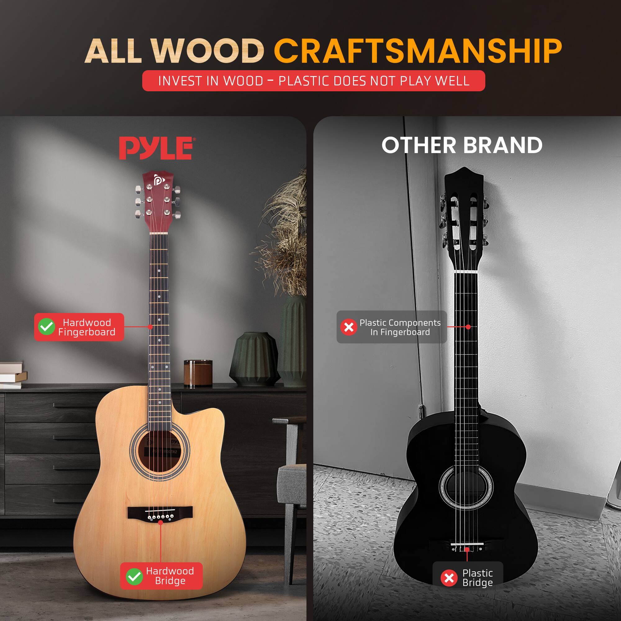 ALL WOOD CRAFTSMANSHIP  
INVEST IN WOOD - PLASTIC DOES NOT PLAY WELL  

PYLE  
Hardwood Fingerboard  
Hardwood Bridge  

OTHER BRAND  
Plastic Components in Fingerboard  
Plastic Bridge