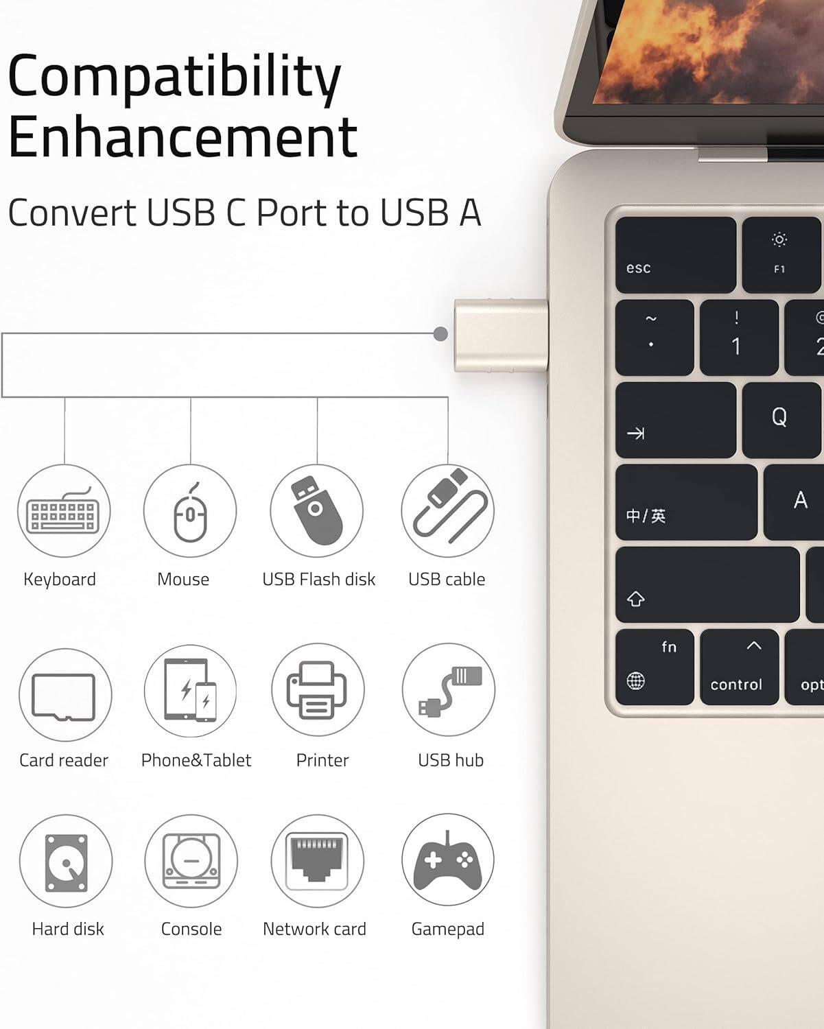 Compatibility Enhancement  
Convert USB C Port to USB A  

- Keyboard  
- Mouse  
- USB Flash disk  
- USB cable  
- Card reader  
- Phone & Tablet  
- Printer  
- USB hub  
- Hard disk  
- Console  
- Network card  
- Gamepad