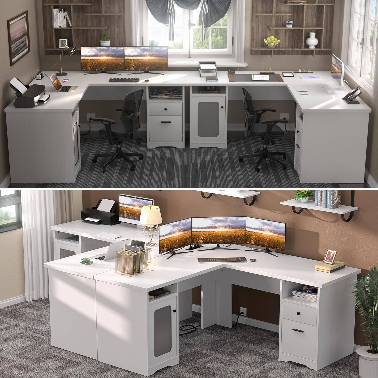 Back. Aheaplus - 60"L-Shaped Corner Desk - Sturdy 2-Person Executive Desk with Storage/File Cabinets & Power/USB Ports - White.