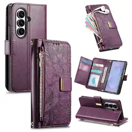 Dteck - Flower Wallet Case for Samsung Galaxy Z Fold8 Ultra (2026), Embossed PU Leather Zipper Pocker Card Slots Folio Cover - Purple