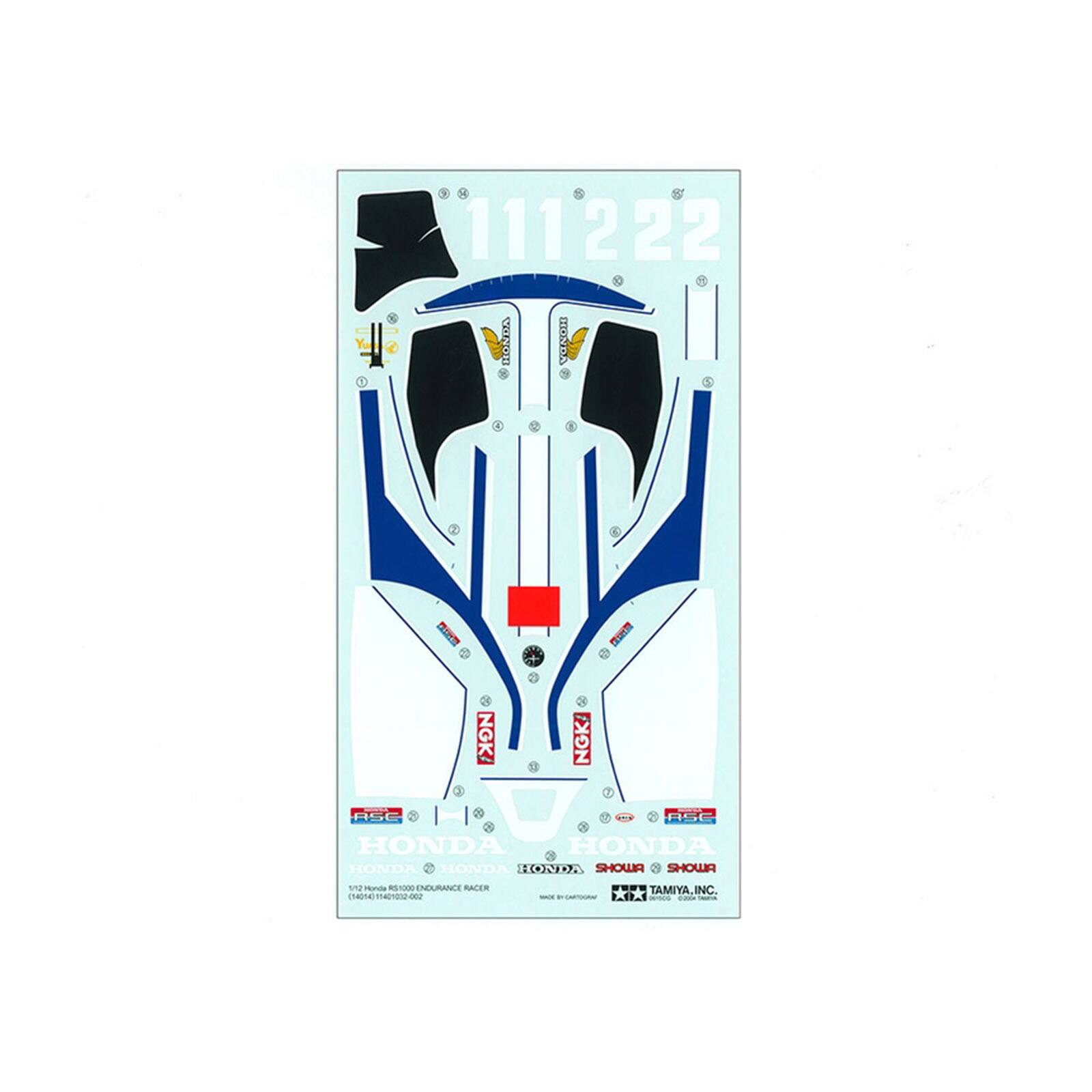 111222 HONDA  
NGK NGK MONSA RSC RSC HONDA HONDA HONDA HONDA HONDA SHOWA SHOWA  
192 Honda RS 1000 ENDURANCE RACER (14014)114010)2-002  
XAII  
www.TAMIYA.INC.