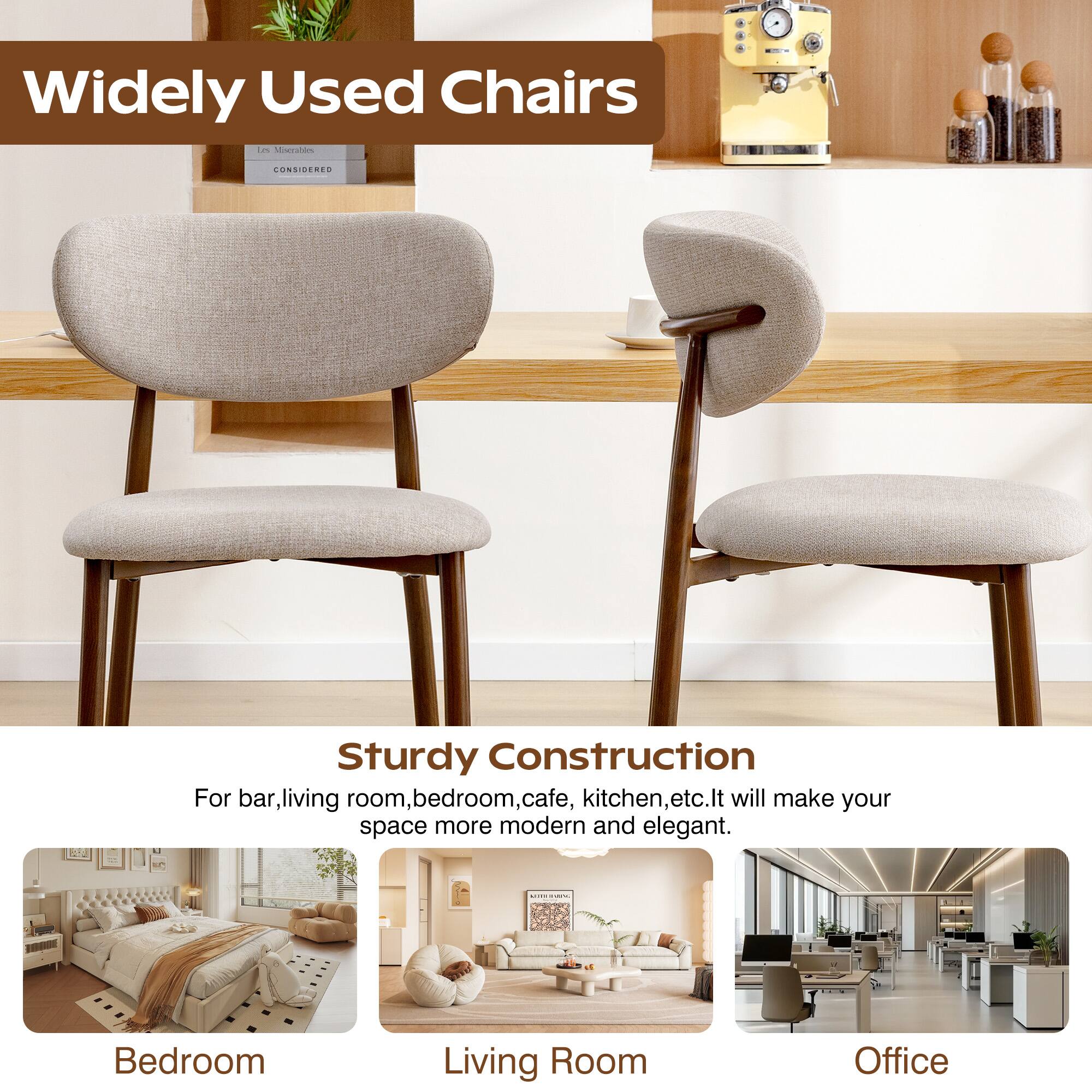 Widely Used Chairs

Sturdy Construction  
For bar, living room, bedroom, cafe, kitchen, etc. It will make your space more modern and elegant.

- Bedroom
- Living Room
- Office