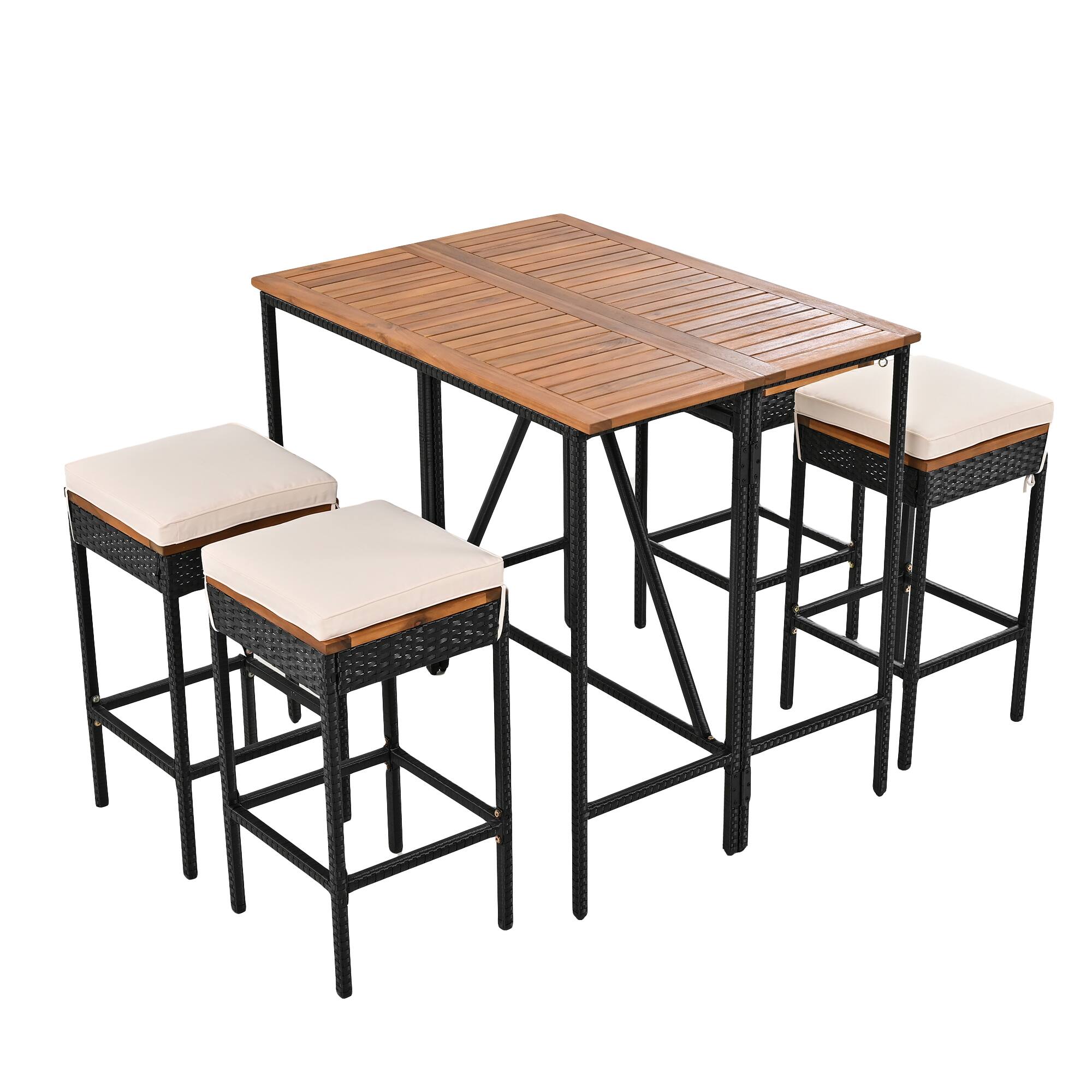 Alt View 1. Mondawe - 10-Piece Outdoor Acacia Wood PE Rattan Wicker Bar Height Table And Eight Stools With Cushions - Brown.