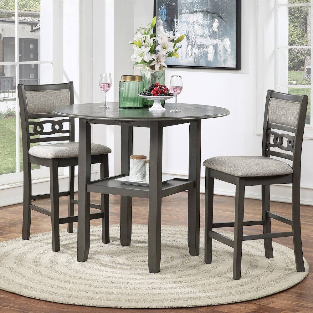 Angle. New Classic Furniture - Gia 3-Piece 42" Wood Counter Drop Leaf Table Set - Grey.