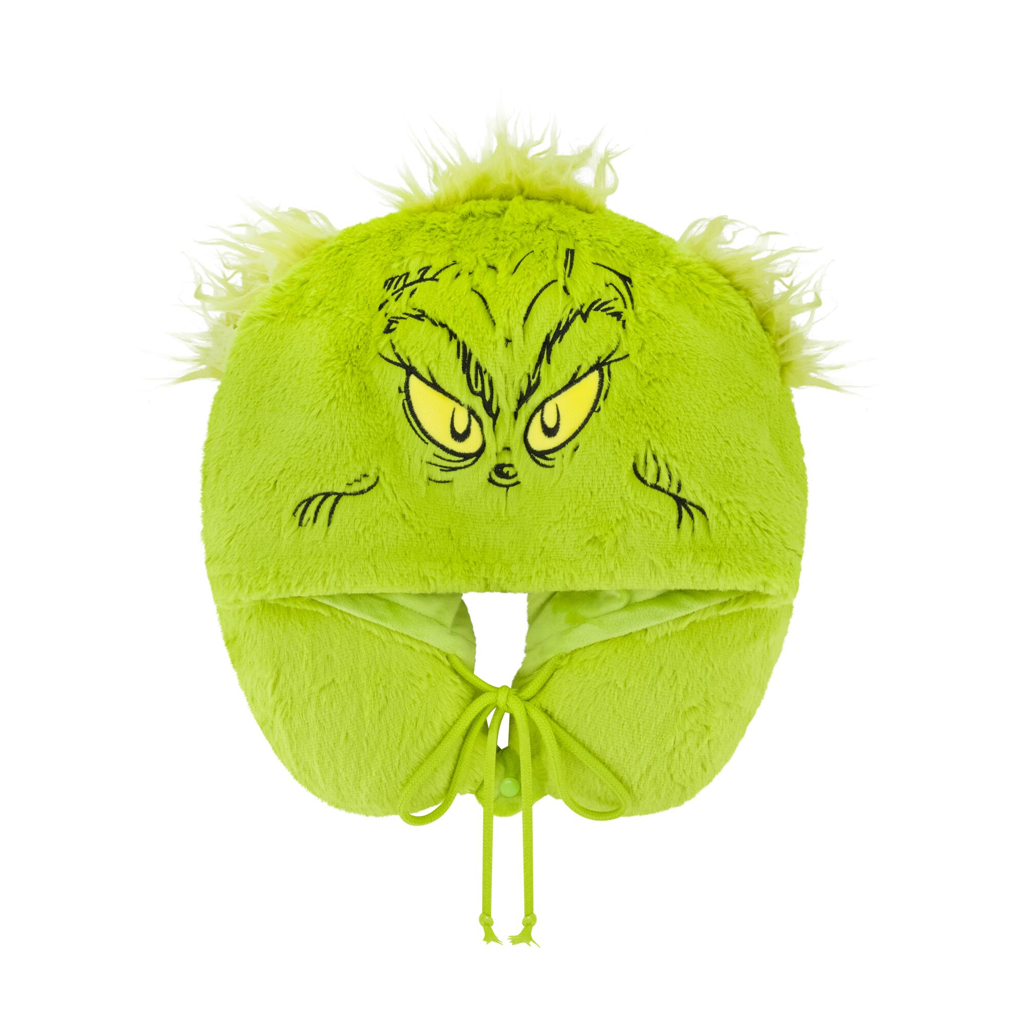 Front. Concept One - Grinch Face Hooded Fur Neck Pillow - GREEN.