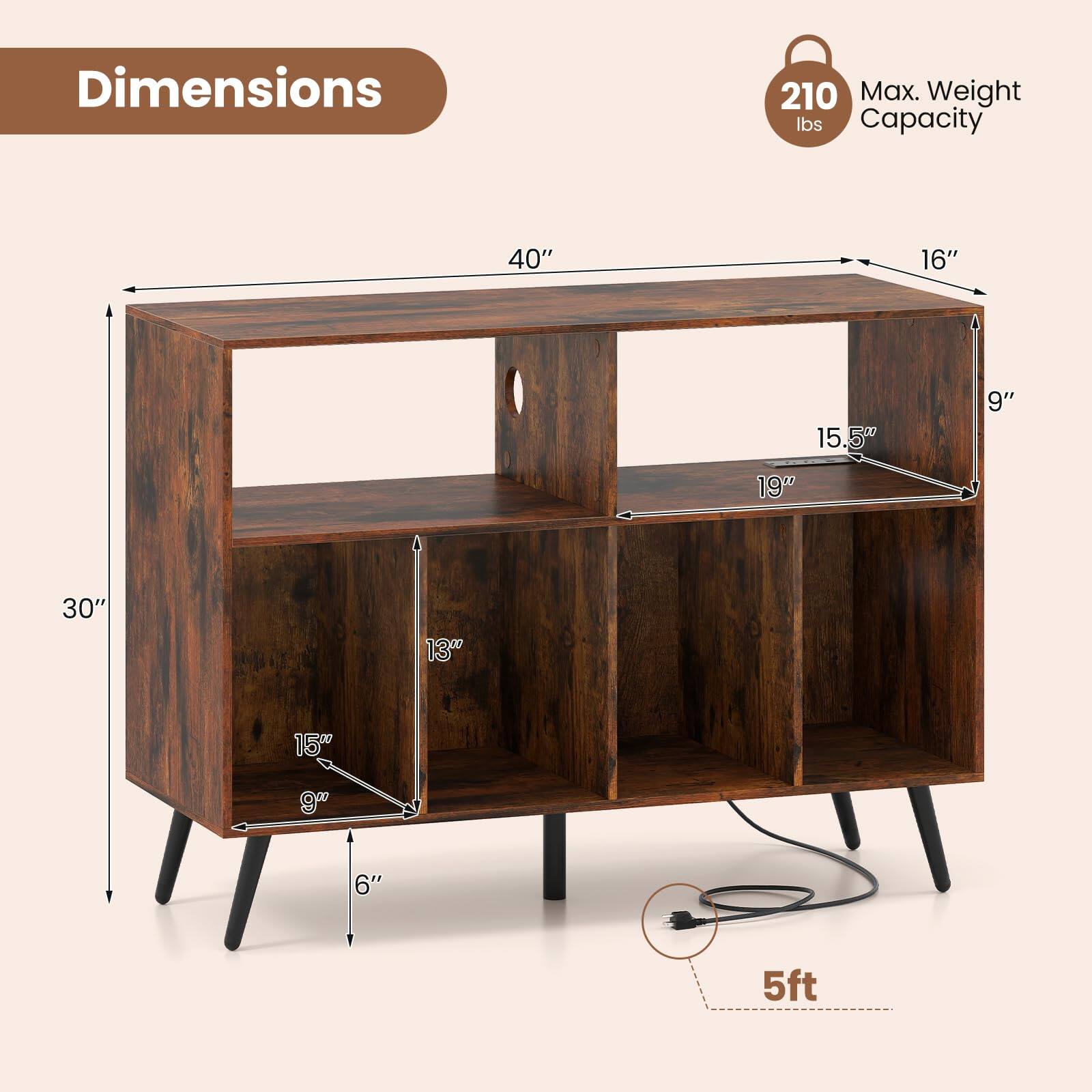 Dimensions:  
- Length: 40"  
- Width: 16"  
- Height: 30"  
- Shelf 1: 19" x 15.5"  
- Shelf 2: 15" x 9"  
- Shelf 3: 9" x 6"  
- Overall Height: 5ft  

Max. Weight Capacity: 210 lbs