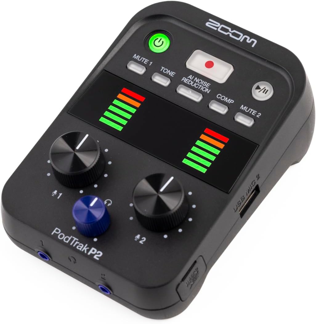 ZOOM  
PodTrak P2  

MUTE 1  
TONE  
AI NOISE REDUCTION  
COMP  
MUTE 2  

USB MIC 2