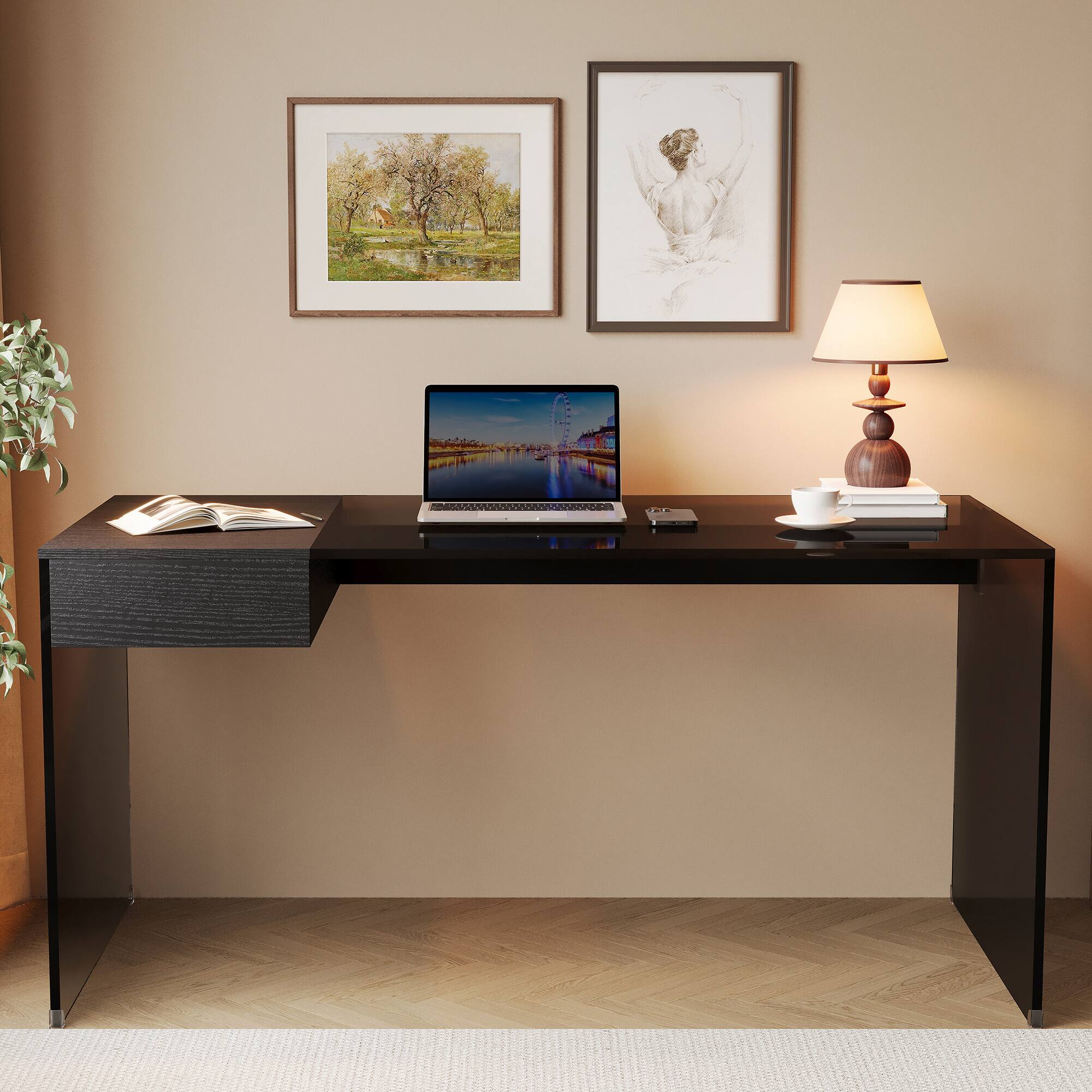 Angle. luck idea - 53.14" Tempered Glass Desk with Storage Space, Writing Desk & Makeup Vanity Table - Black Glass.