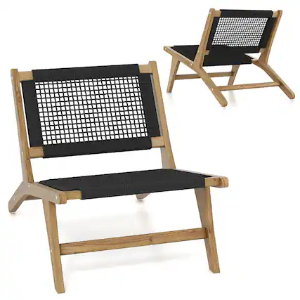 Front. Gymax - Gymax Mid Century Modern Teak Wooden w/ Handwoven Cordage Seat & Backrest for Patio - Natural, Black.