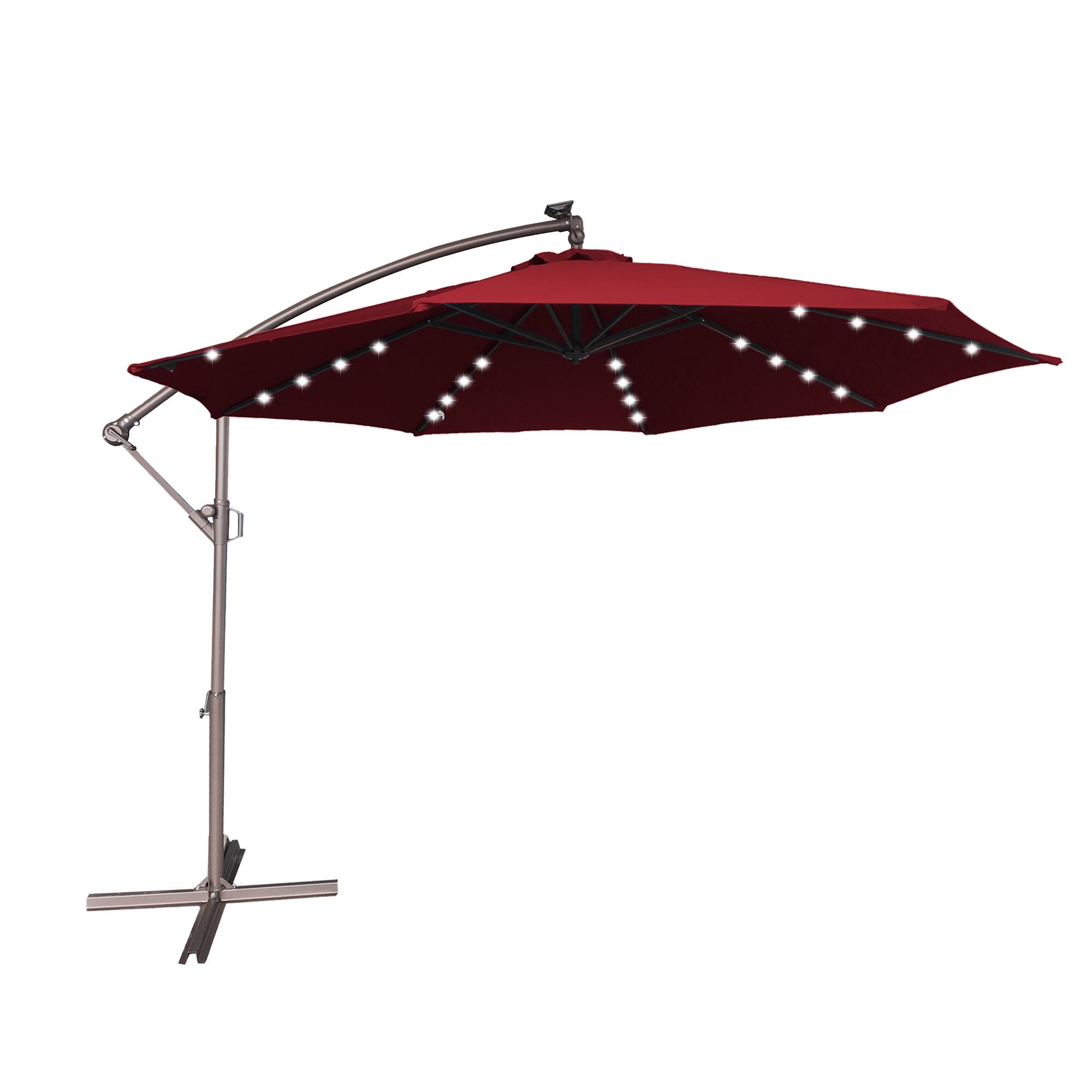 Back. Mondawe - 11ft Offset Patio Umbrella 360°Rotate,Easy Tilt,Solar Lights - Red.