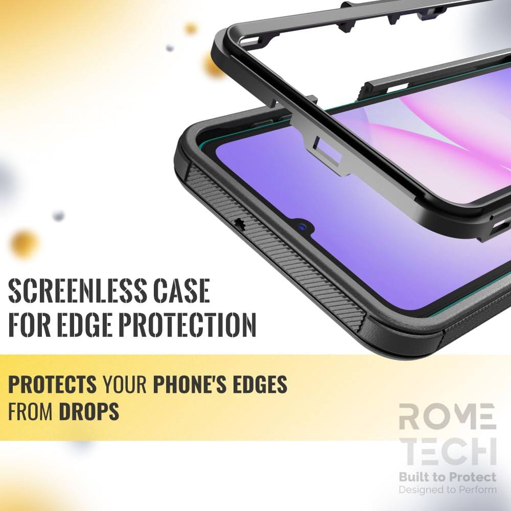 SCREENLESS CASE FOR EDGE PROTECTION  
PROTECTS YOUR PHONE'S EDGES FROM DROPS  

ROME TECH  
Built to Protect  
Designed to Perform