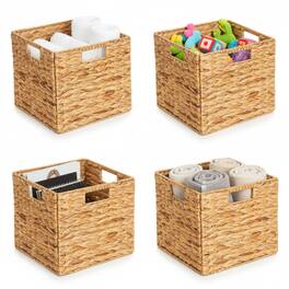Tooloton - 4-Pack Woven Rattan Storage Basket with Handles, Large Cube Organizer Bin, Water Hyacinth, 10.5x10.5x10.5 Inch - Natural