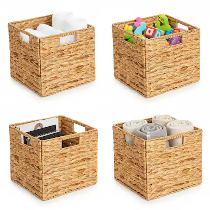 Front. Tooloton - 4-Pack Woven Rattan Storage Basket with Handles, Large Cube Organizer Bin, Natural Water Hyacinth, 10.5x10.5x10.5 Inch - Natural.