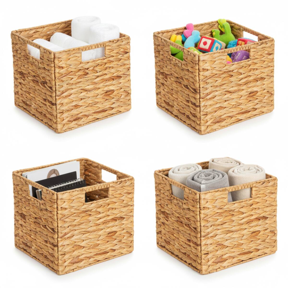 Front. Tooloton - 4-Pack Woven Rattan Storage Basket with Handles, Large Cube Organizer Bin, Natural Water Hyacinth, 10.5x10.5x10.5 Inch - Natural.