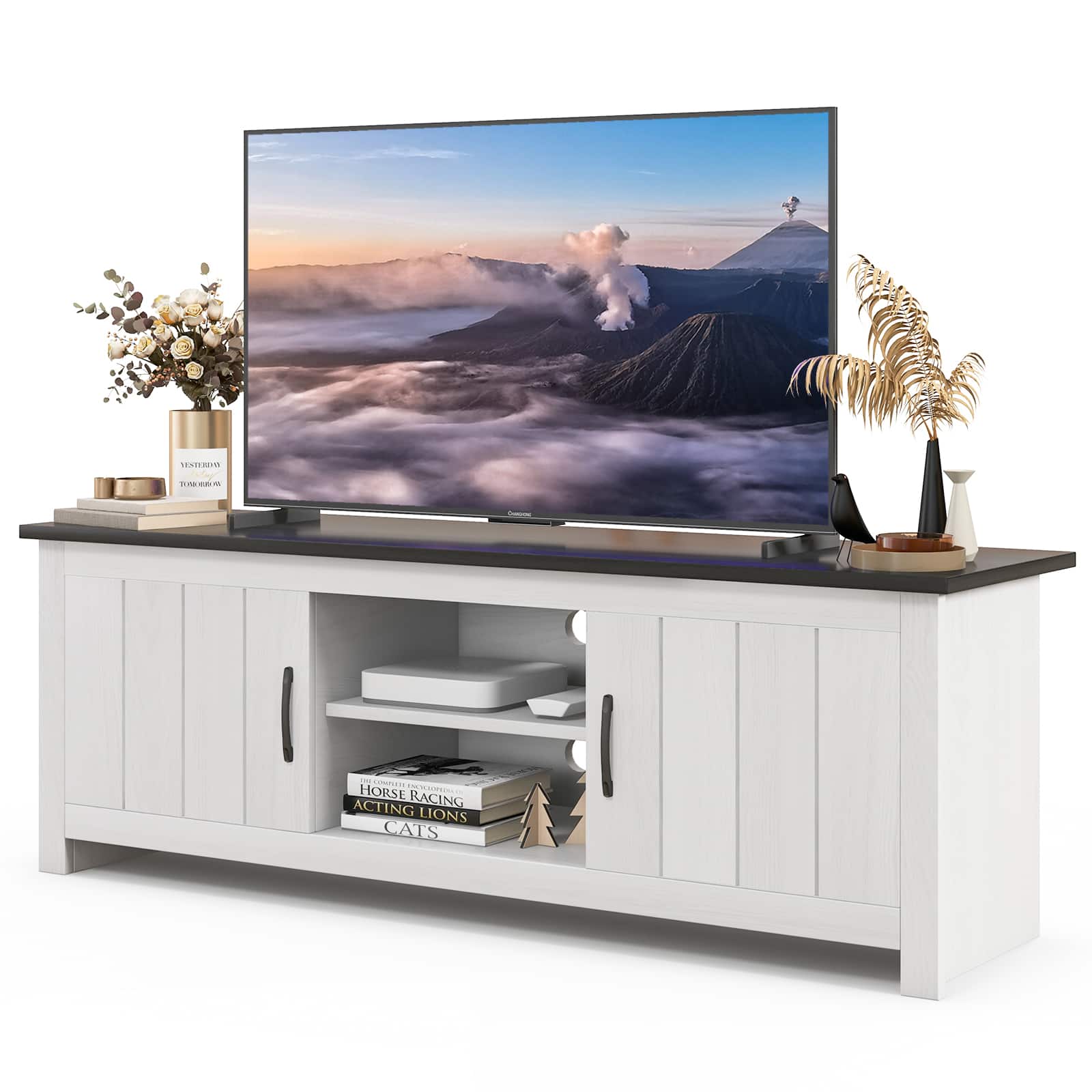 Costway - Farmhouse TV Stand for TVs up to 65" Media Console Center with Doors Cubbies - Dark Gray + White