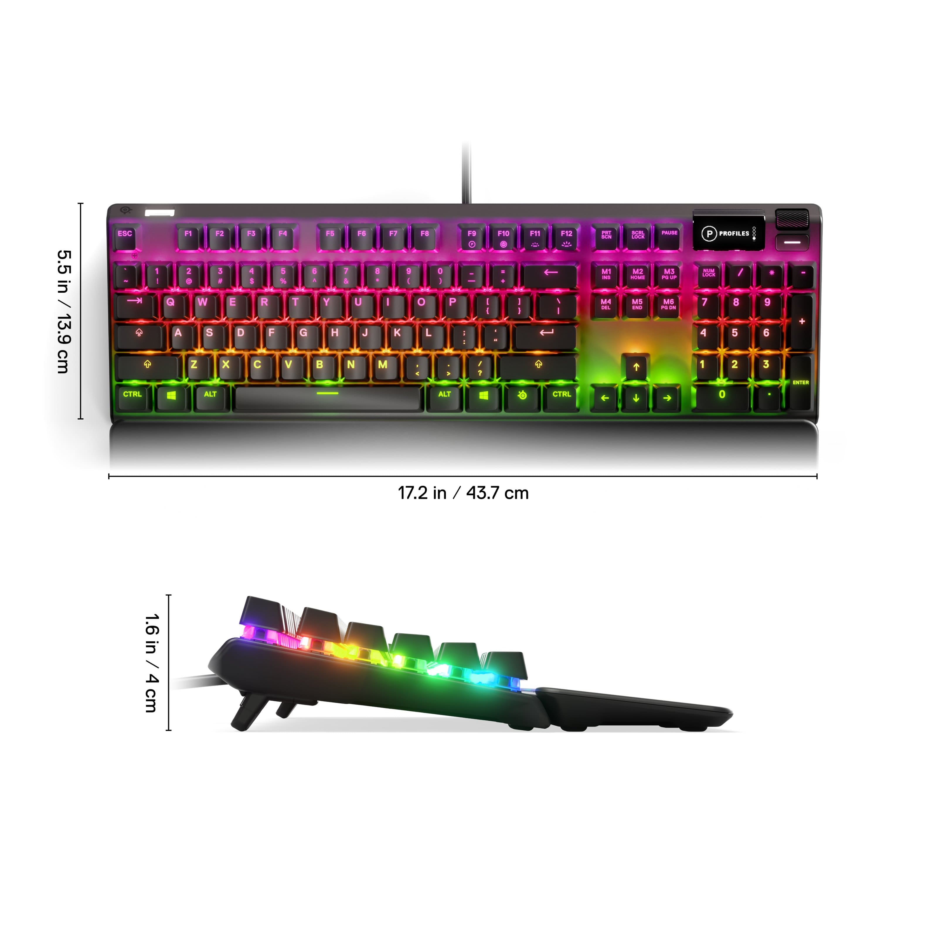 The image features a keyboard and a keyboard cover. The keyboard is a colorful, rainbow-colored keyboard with a purple and black color scheme. The keyboard cover is a black and white design, which is placed on top of the keyboard. The keyboard is 13.9 inches (35.3 cm) in length, while the keyboard cover is 13.9 inches (35.3 cm) in length as well.