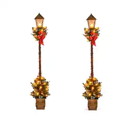 Costway - 2PCS 6.1 FT Christmas Pre-lit Street Lamp with Artificial Greenery, LED Lights Advent Calendar - Warm White