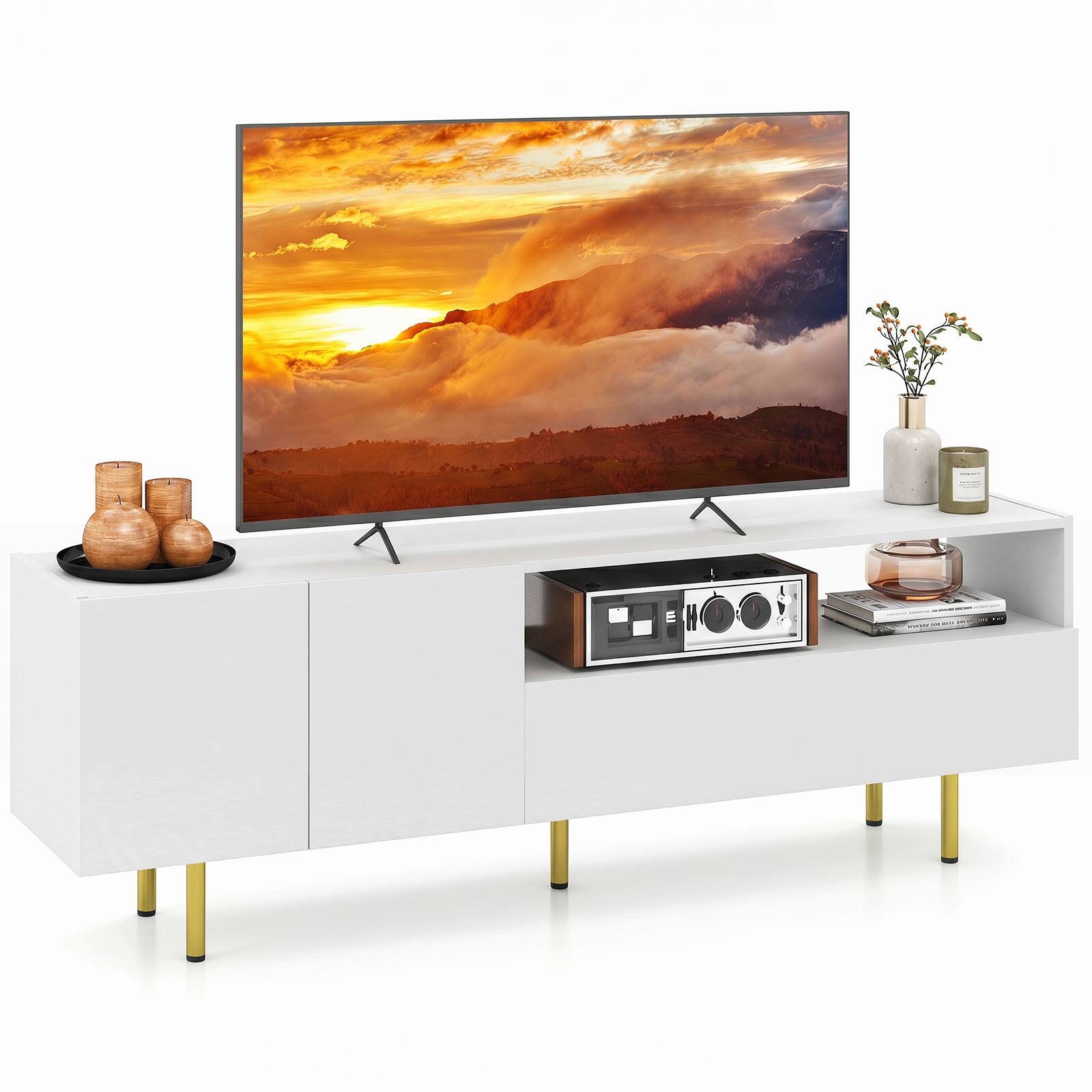 Alt View 1. Costway - Costway Entertainment Center with Storage Cabinet, Open Shelf & Drawer for TVs up to 70" - White.