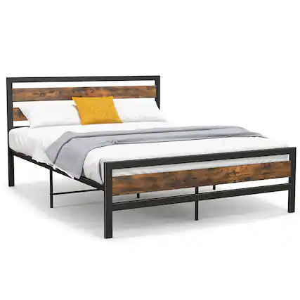 Front. Costway - Costway Queen Industrial Metal Platform Bed Frame Rustic Headboard Mattress Foundation - Black.