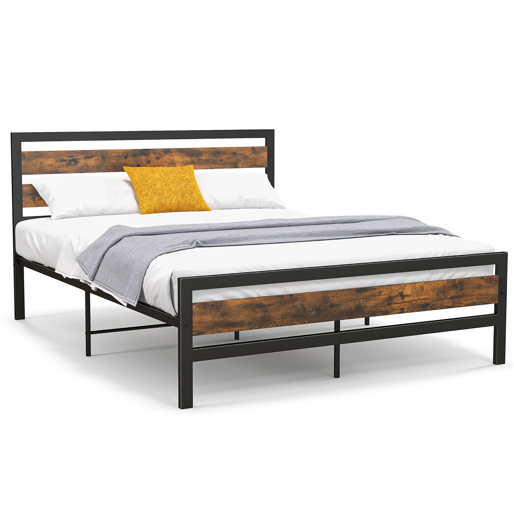 Front. Costway - Costway Queen Industrial Metal Platform Bed Frame Rustic Headboard Mattress Foundation - Black.