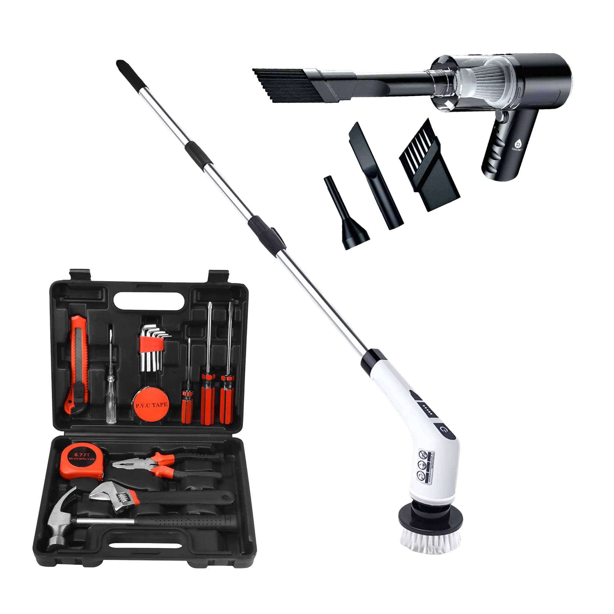 Pursonic - Handy Solutions 16-Piece Tool Kit + Cordless Power Scrubber + 2-in-1 Mini Wireless Vacuum & Air Duster Bundle - Multicolor