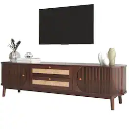 Ecooso - Rattan TV Stand for TVs up to 75'', Entertainment Center with Solid Wood Legs, TV Cabinet for Living Room - Natural Wood+Brown