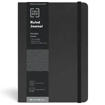 Business Essentials TRU RED Ruled Journal
Flexible Cover
Ivory Paper
5.5 in x 8 in (13.9 cm x 20.3 cm)
128 Sheets / 256 Pages
- Margin Ruled
- 2-Page Markers