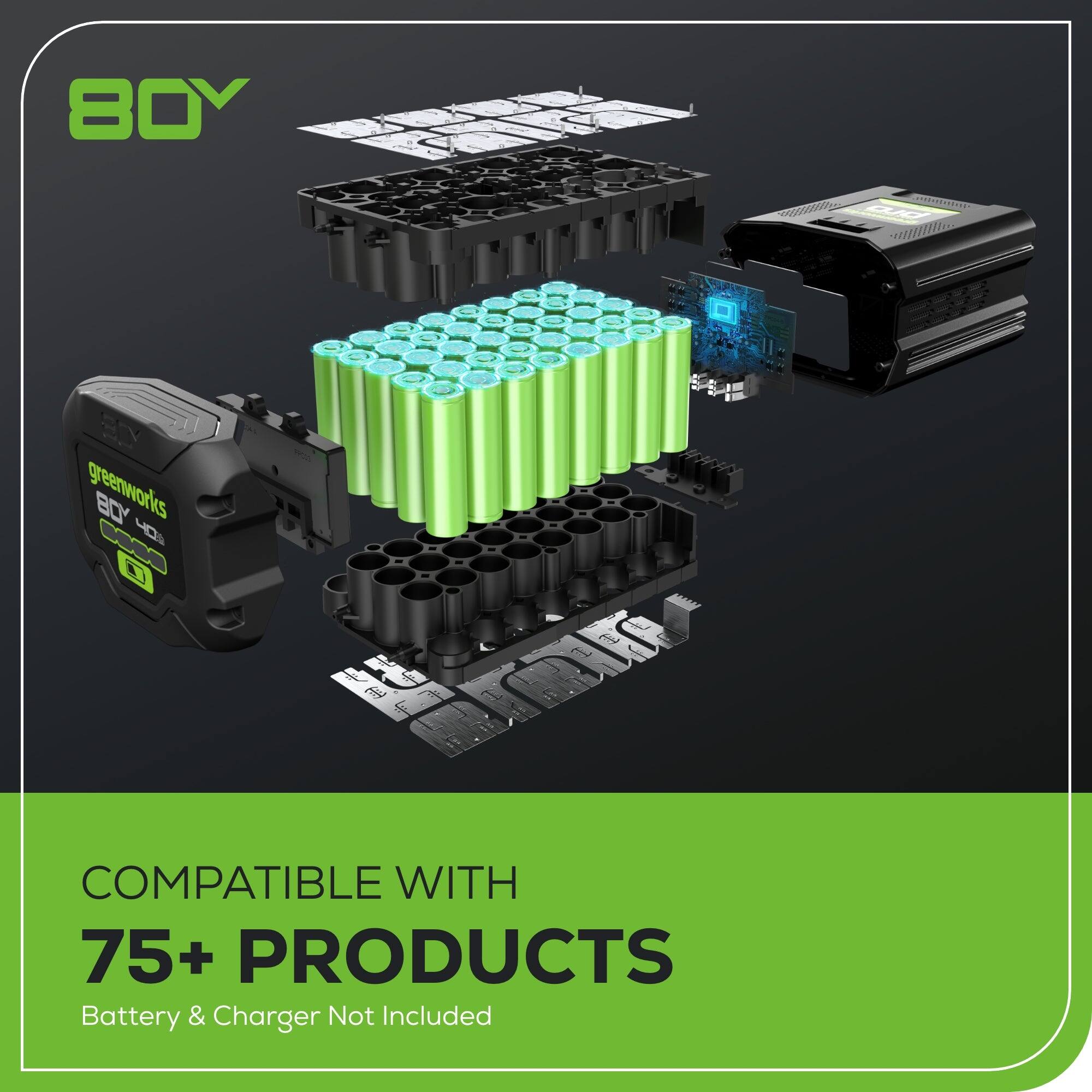 80 greenworks OS is COMPATIBLE WITH 75+ PRODUCTS  
Battery & Charger Not Included