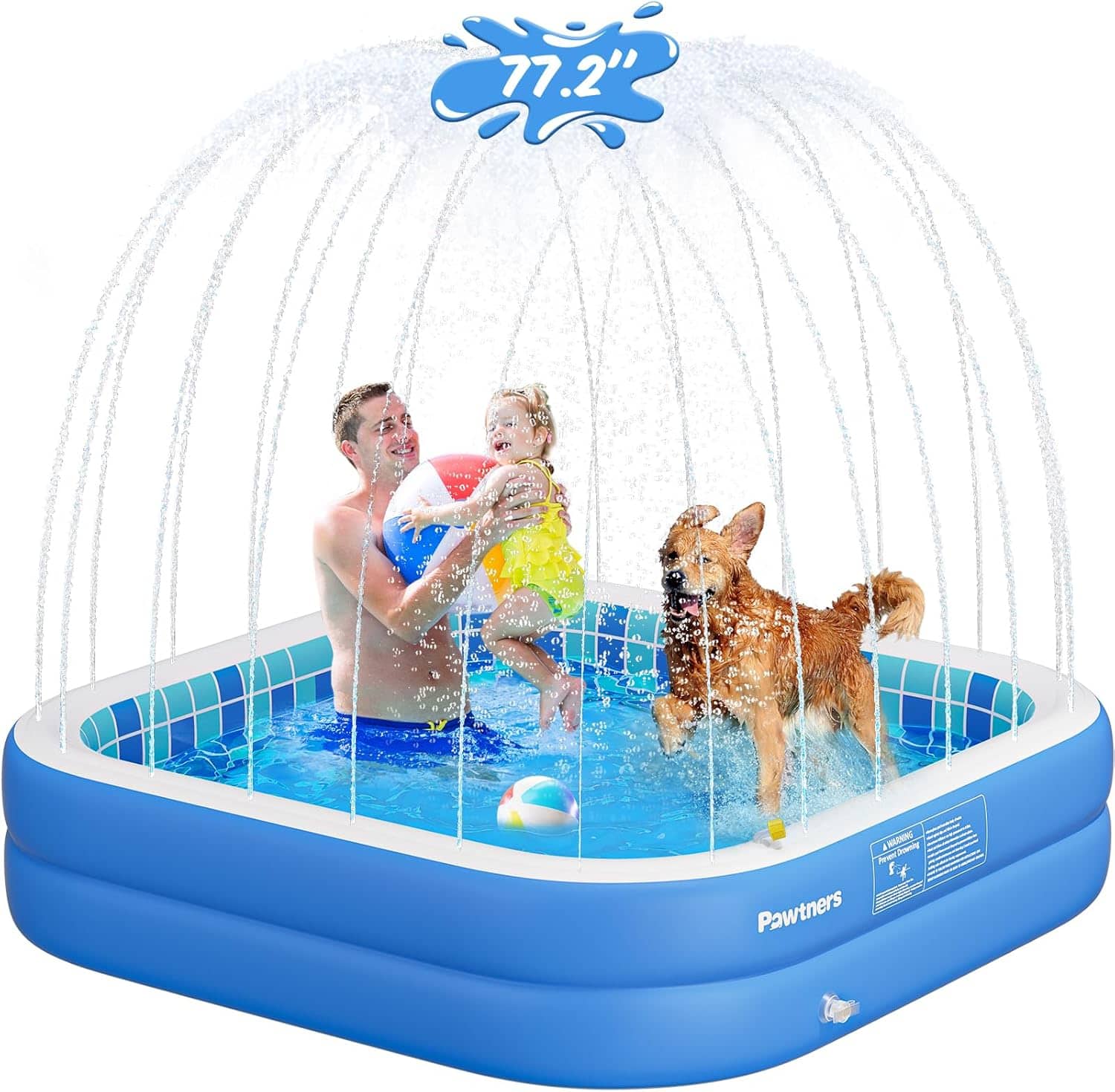 Pawtners - Inflatable Kids Pool with 360° Sprinkler, Non-Slip Thickened PVC Splash Pad, Large Dog Bathtub & Outdoor Fun 77.2"x12.2"