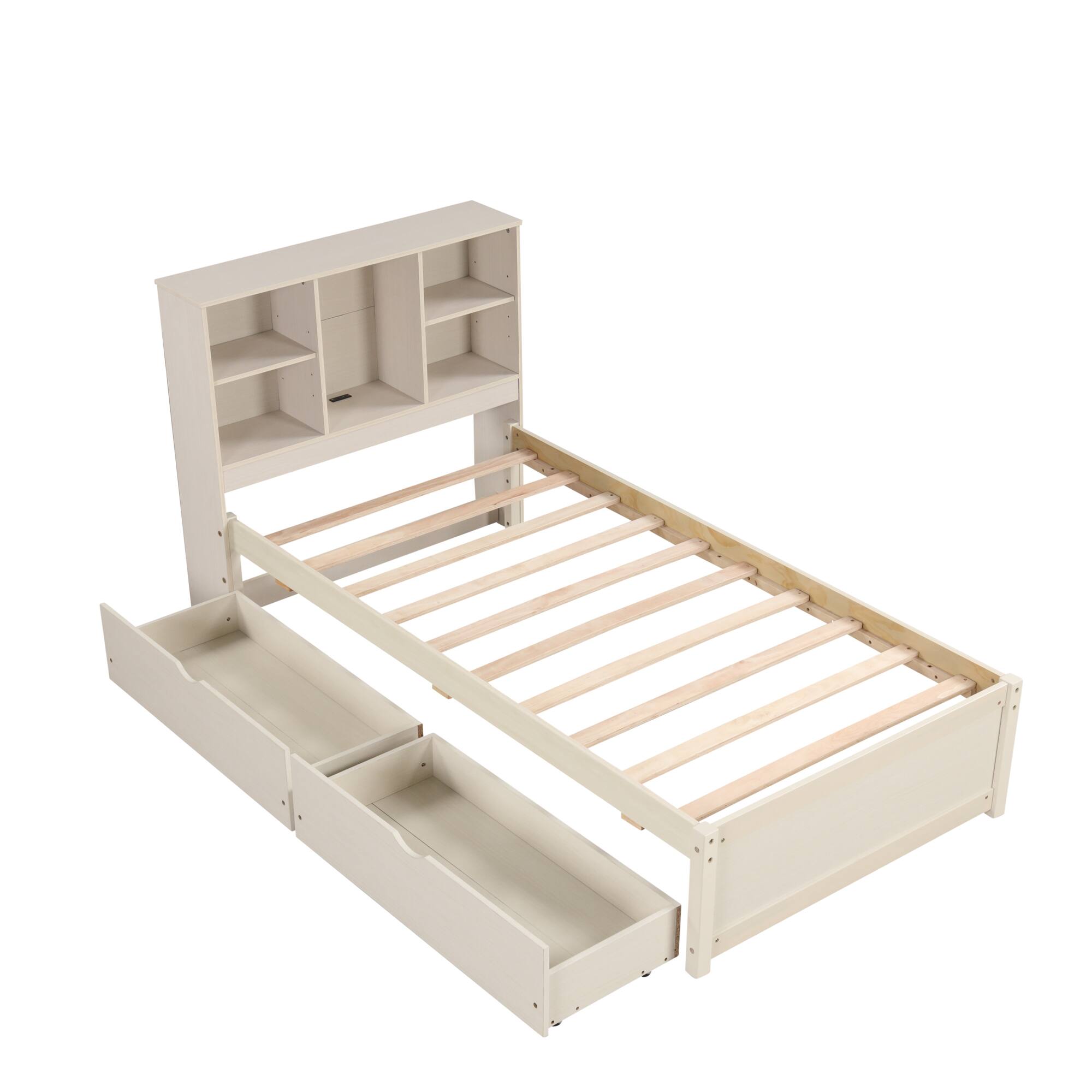 Alt View 2. GOODSILO - Contemporary Twin Size Bed Frame with USB Charging Port, Bookcase Headboard, and Underbed Storage Drawers - White Washed.
