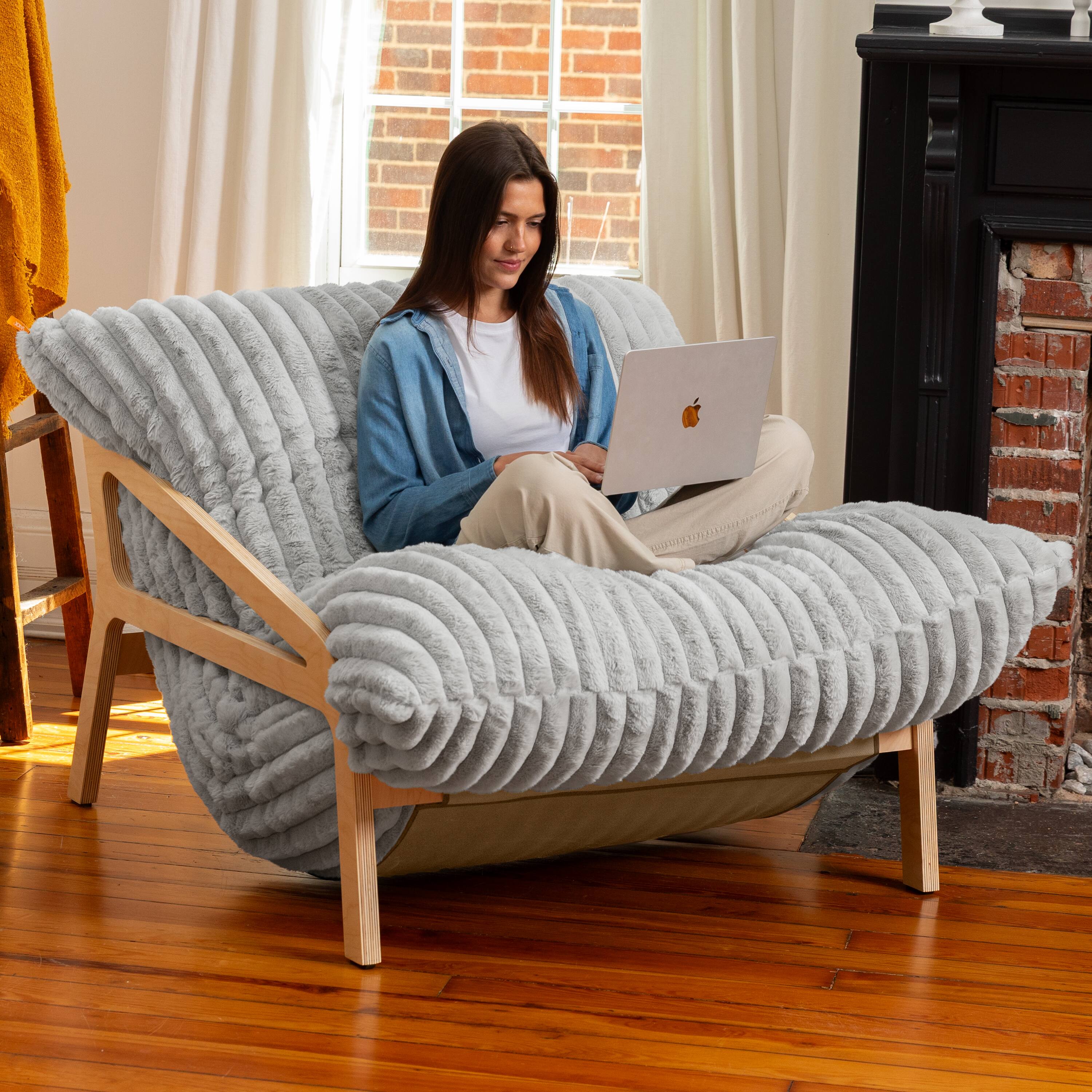 Left. Jaxx - Pillow Saxx Dream Lounger with Wood Frame - 3-in-1 Bean Bag Accent Chair, Recliner & Sleeper Mondo Fur Grey - Mondo Fur Grey.