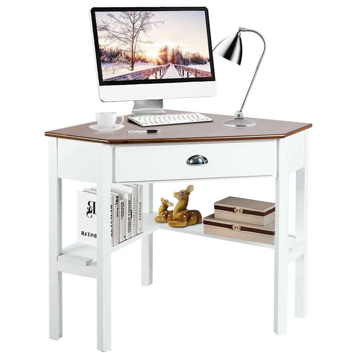 Gymax - Corner Computer Desk Laptop Writing Table Workstation W/ Drawer & Shelves Natural - White