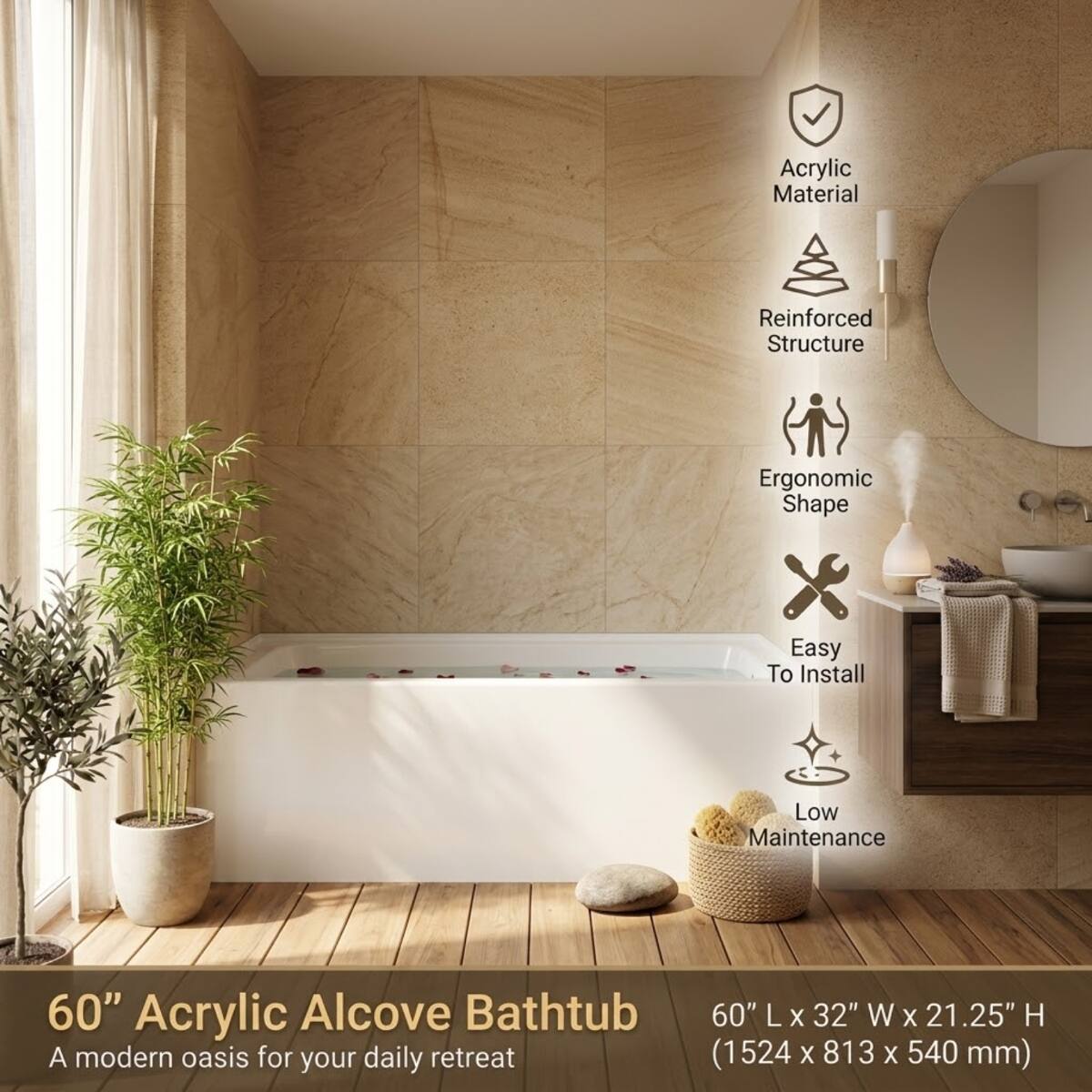 Acrylic Material  
Reinforced Structure  
Ergonomic Shape  
Easy To Install  
Low Maintenance  

60" Acrylic Alcove Bathtub  
60" L x 32" W x 21.25" H  
A modern oasis for your daily retreat  
(1524 x 813 x 540 mm)