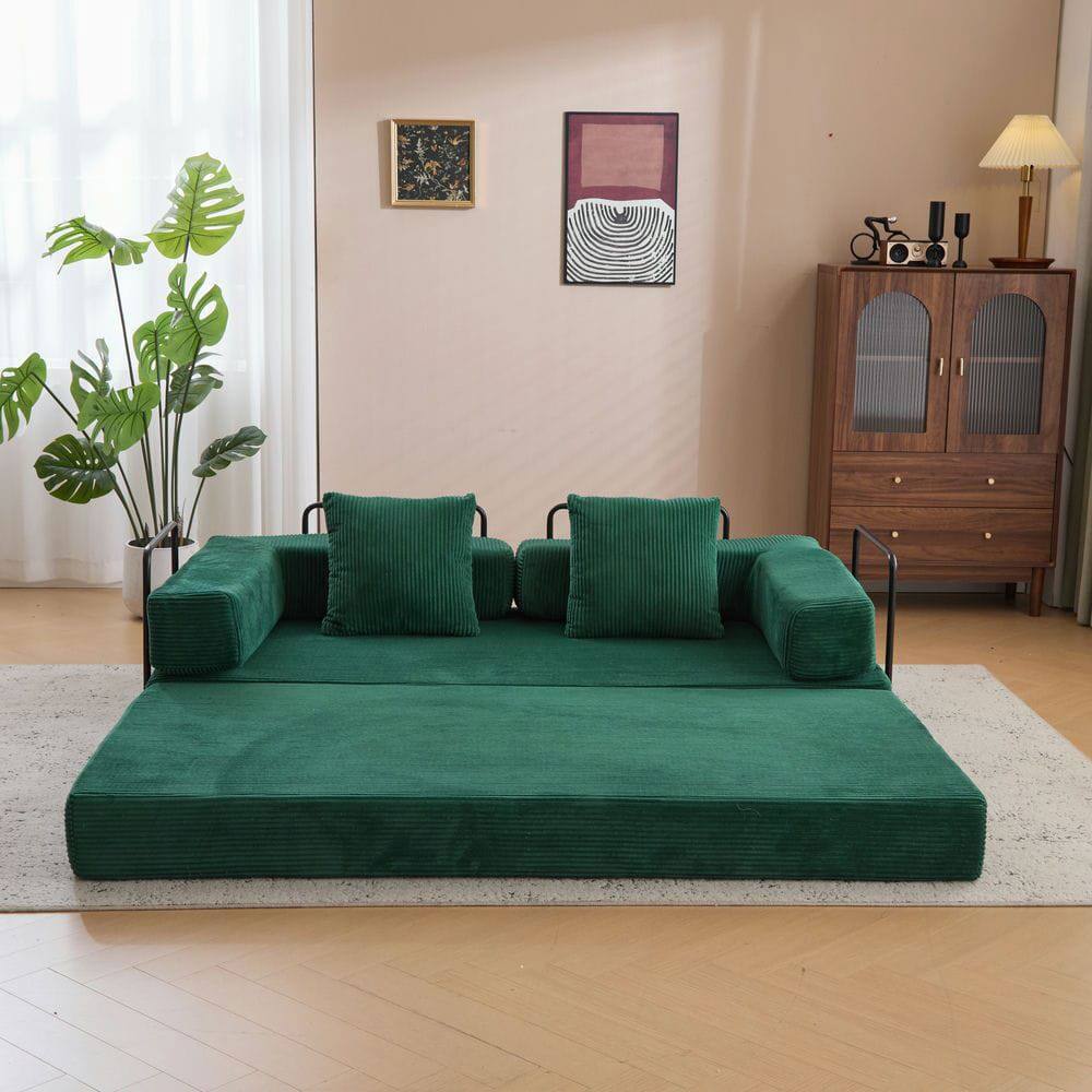 Alt View 1. Kadyn - Floor Couch Bed, Convertible Corduroy Fabric Sofa with Pillow Back Support, Compression Lounge Sleeper, Dark Green - Green.