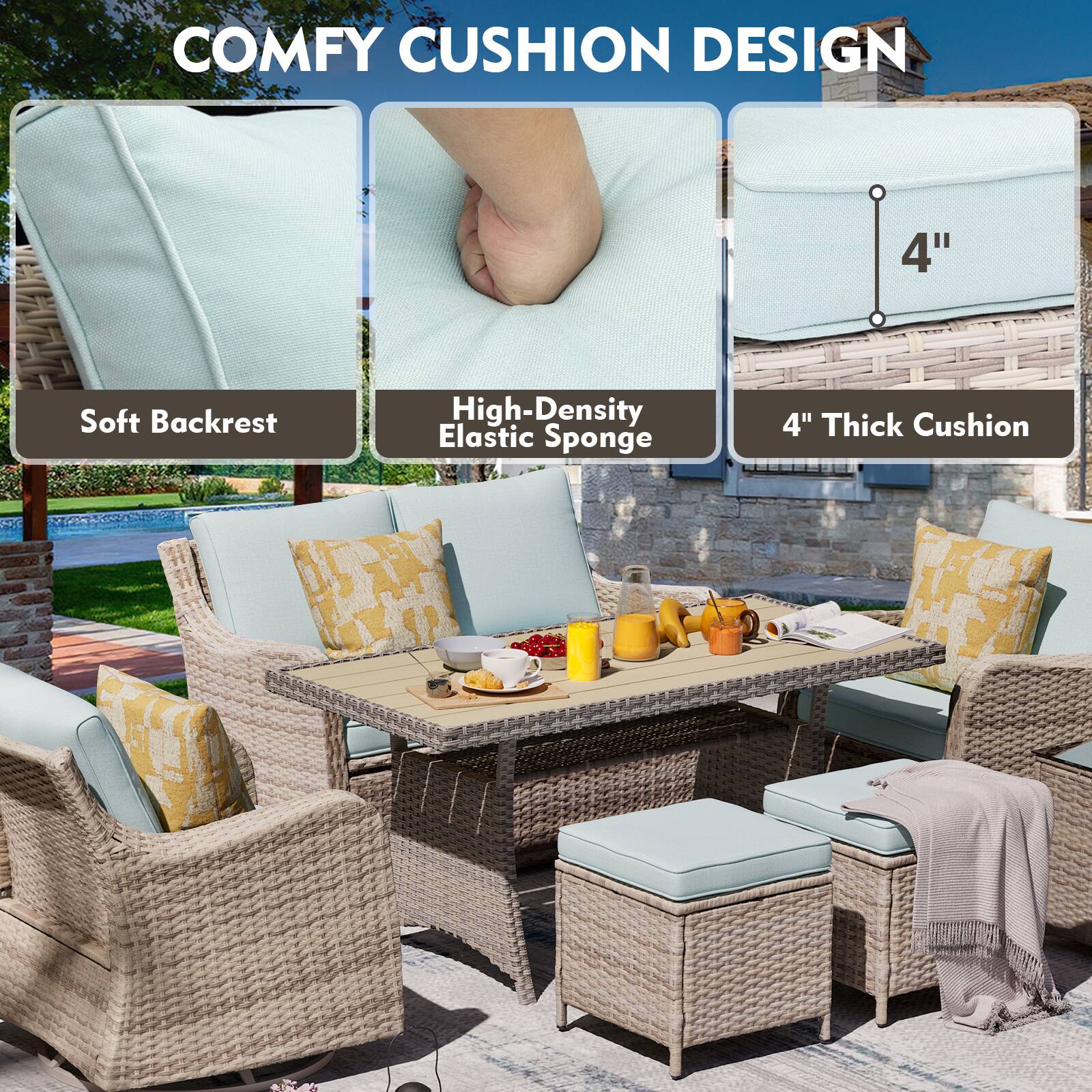 COMFY CUSHION DESIGN

- Soft Backrest
- High-Density Elastic Sponge
- 4" Thick Cushion
