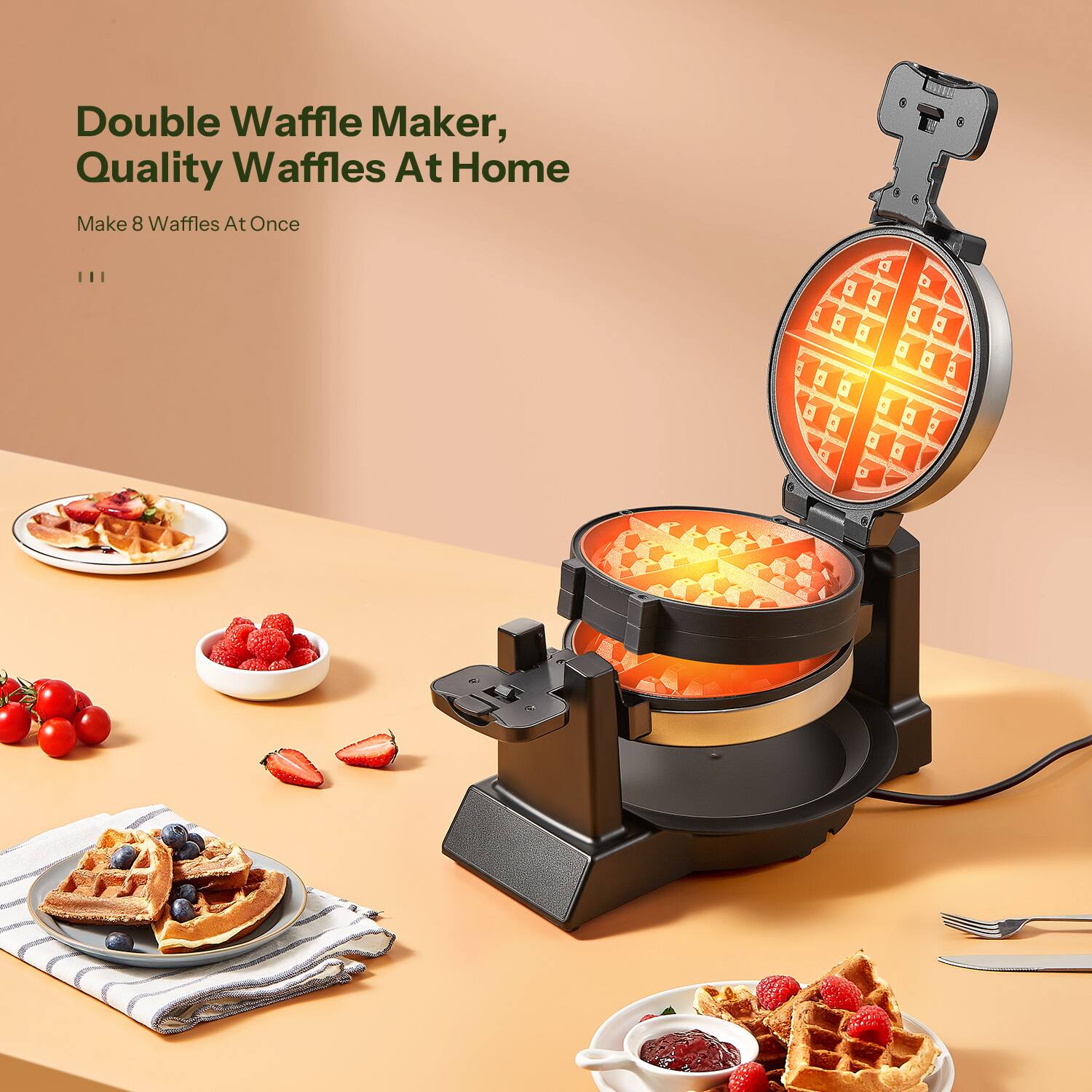 Double Waffle Maker, Quality Waffles At Home  
Make 8 Waffles At Once