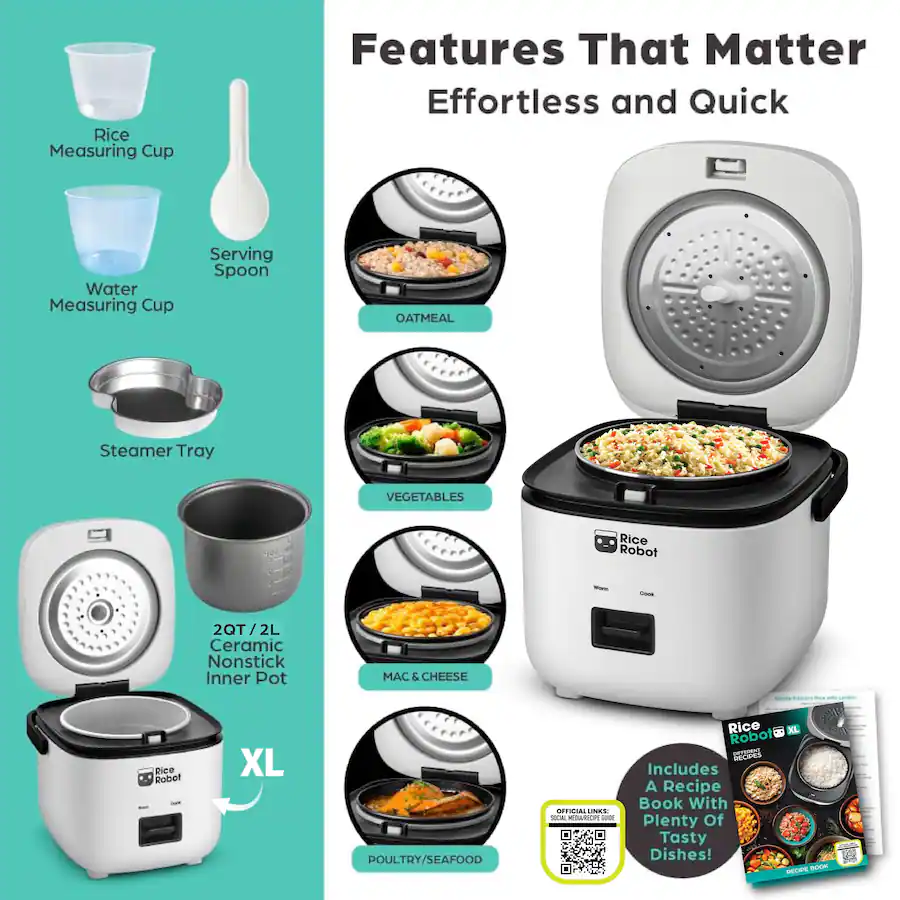 Rice Robot Rice Cooker 8 Cups Cooked Electric Mini Rice Maker Pot White ...