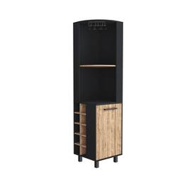 TuHome - Kaia Tall Corner Bar Cabinet with Four Shelves, Ten Wine Bottle Cubbies, Stemware, Bar Room or Living Room - Black / Pine